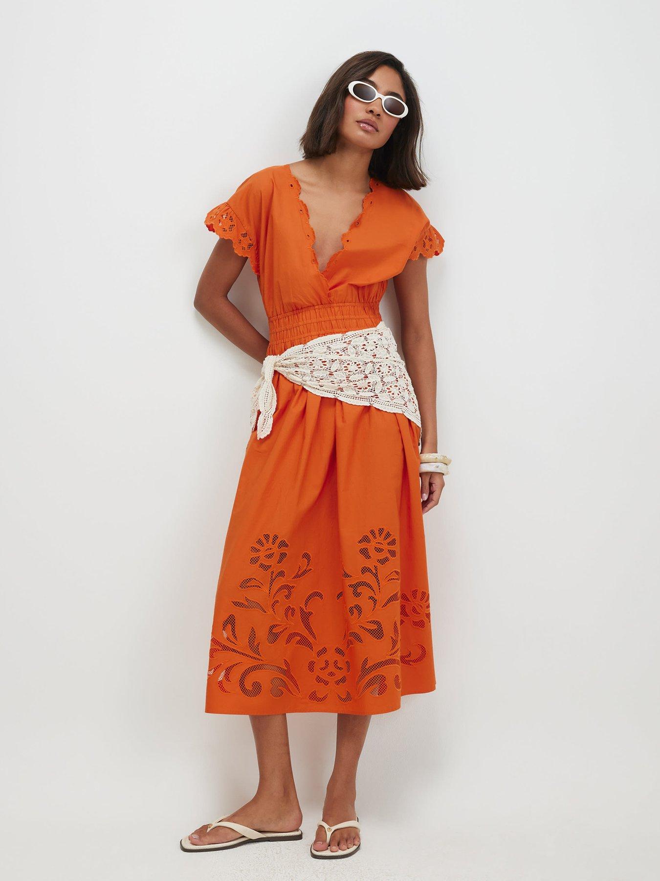 River Island Embroidered Midi Dress - Orange
