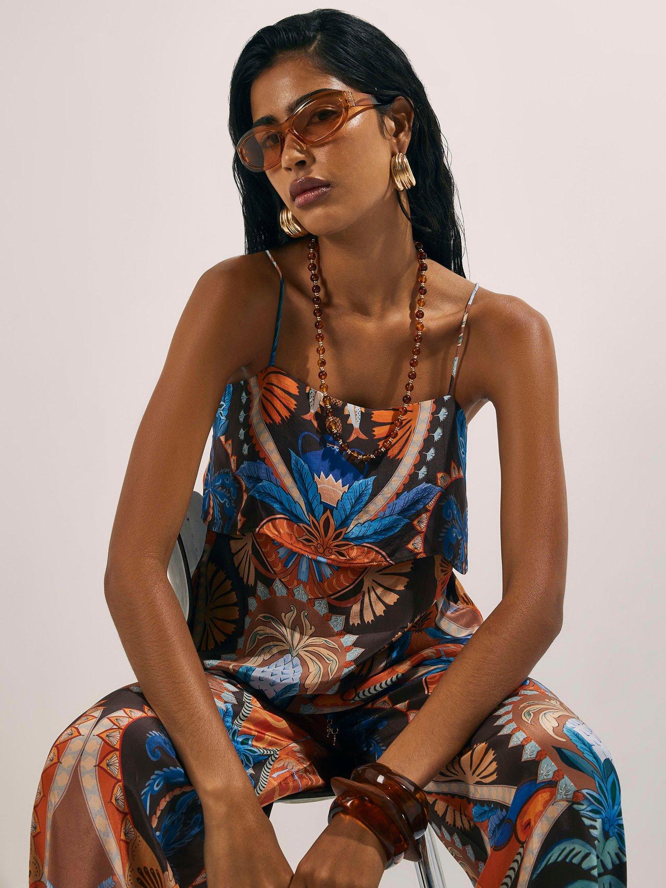 Image 1 of 4 of River Island Palm Print Tiered Co-Ord Cami Top - Brown