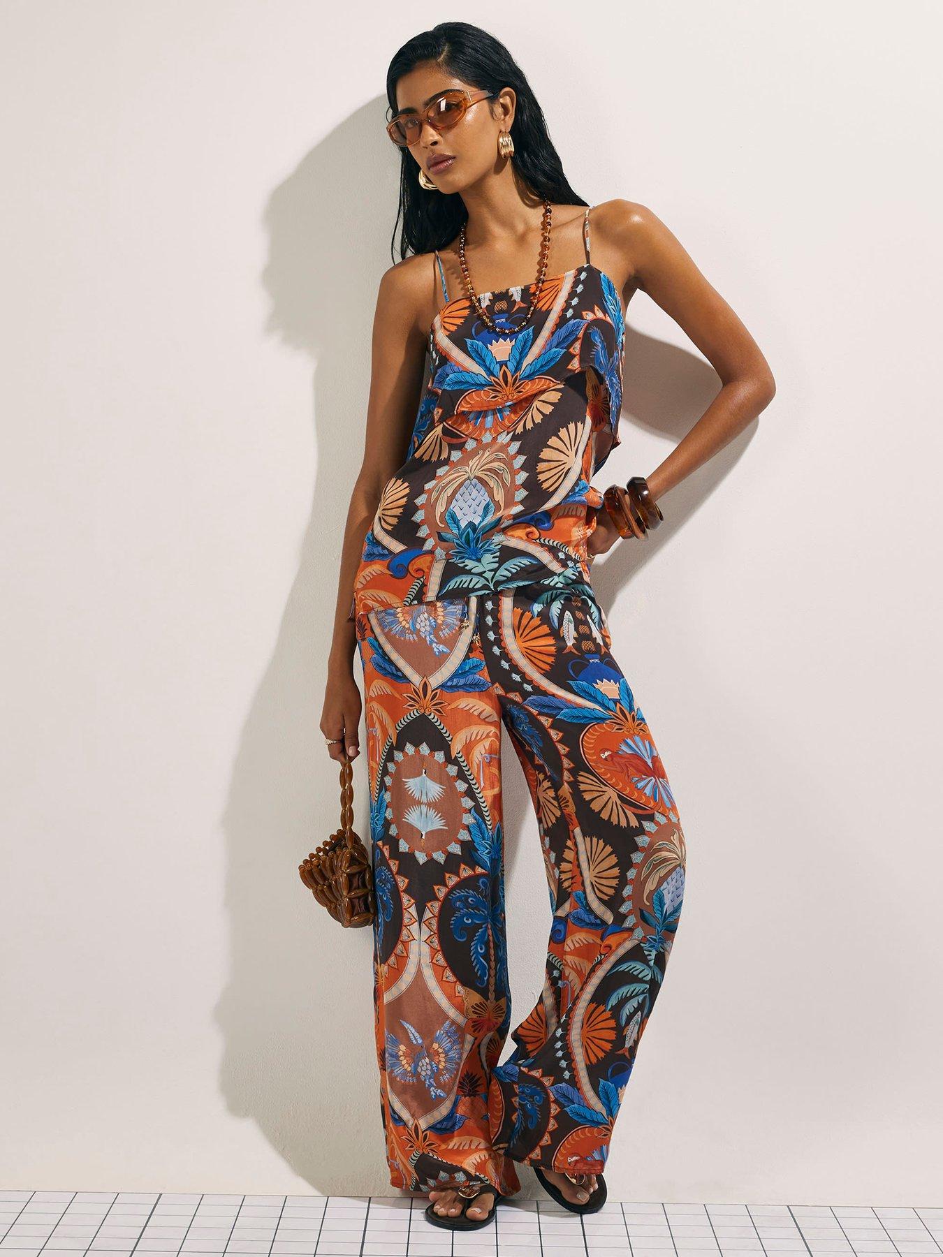 Image 3 of 4 of River Island Palm Print Tiered Co-Ord Cami Top - Brown