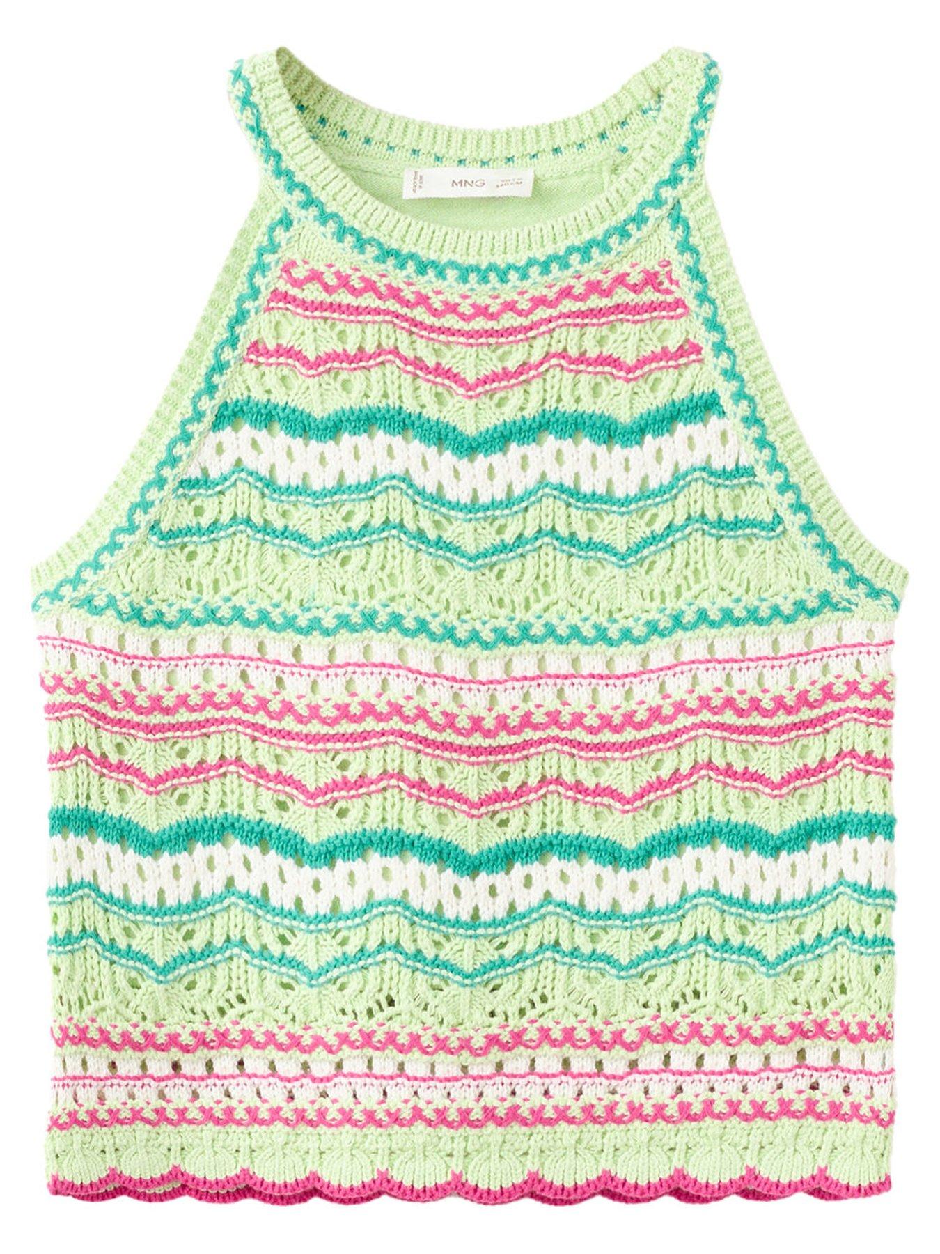 Mango Girls Multi Stripe Crochet Vest - Green