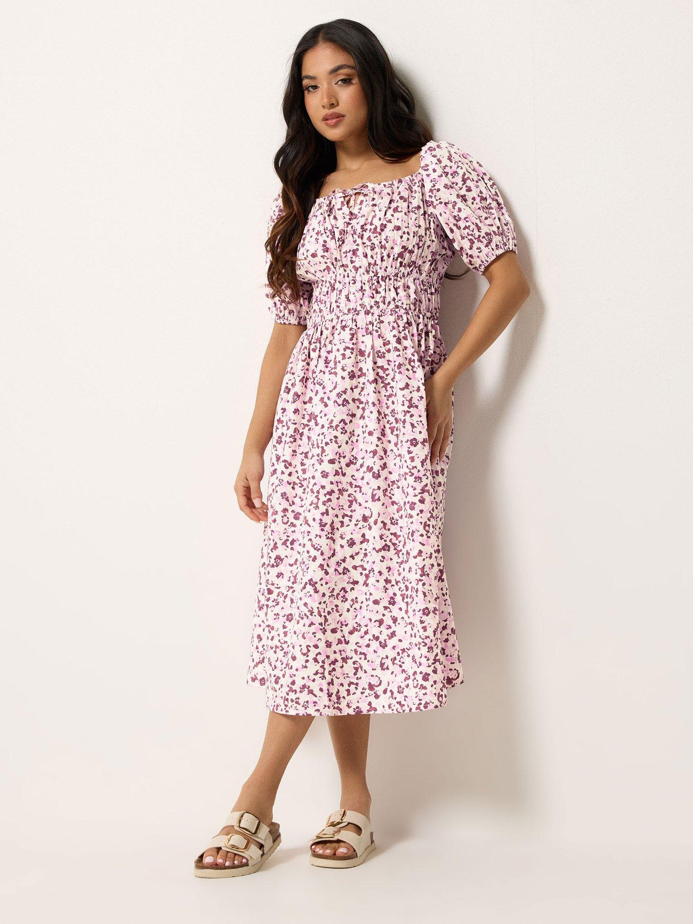 PixieGirl Petite Animal Print Puff Sleeve Midi Dress - Pink