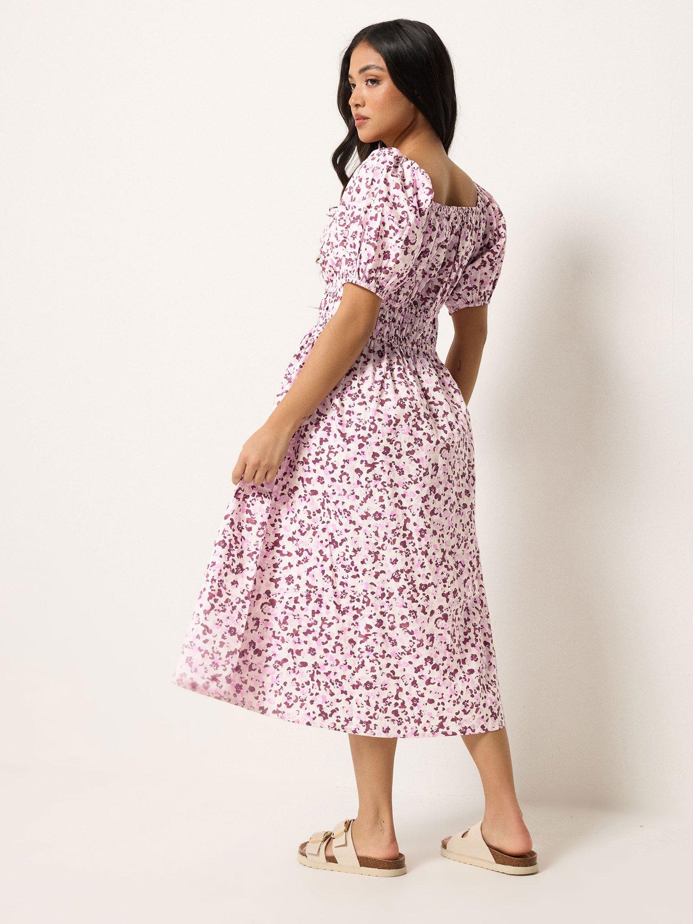 Image 2 of 5 of PixieGirl Petite Animal Print Puff Sleeve Midi Dress - Pink