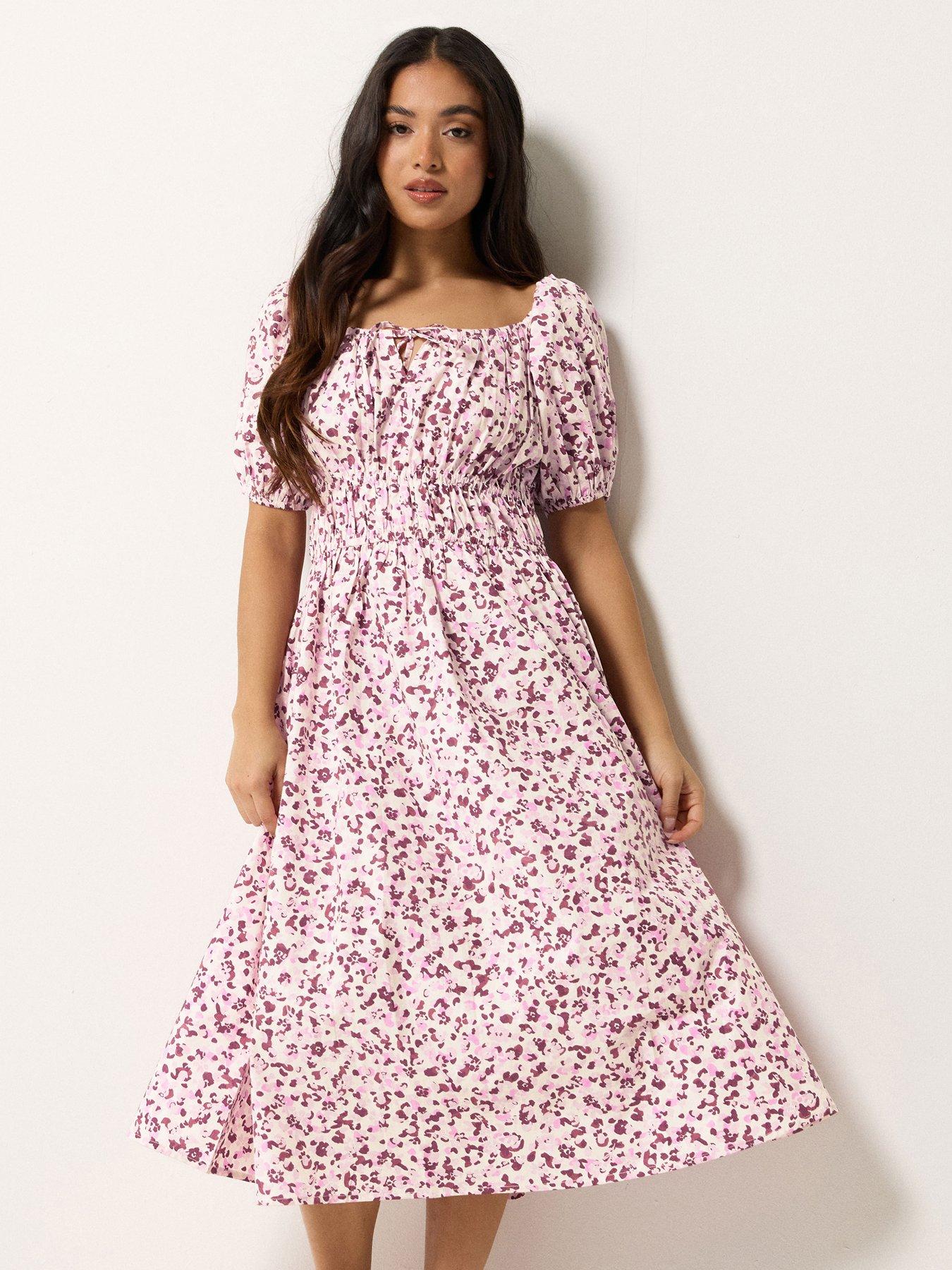 Image 3 of 5 of PixieGirl Petite Animal Print Puff Sleeve Midi Dress - Pink