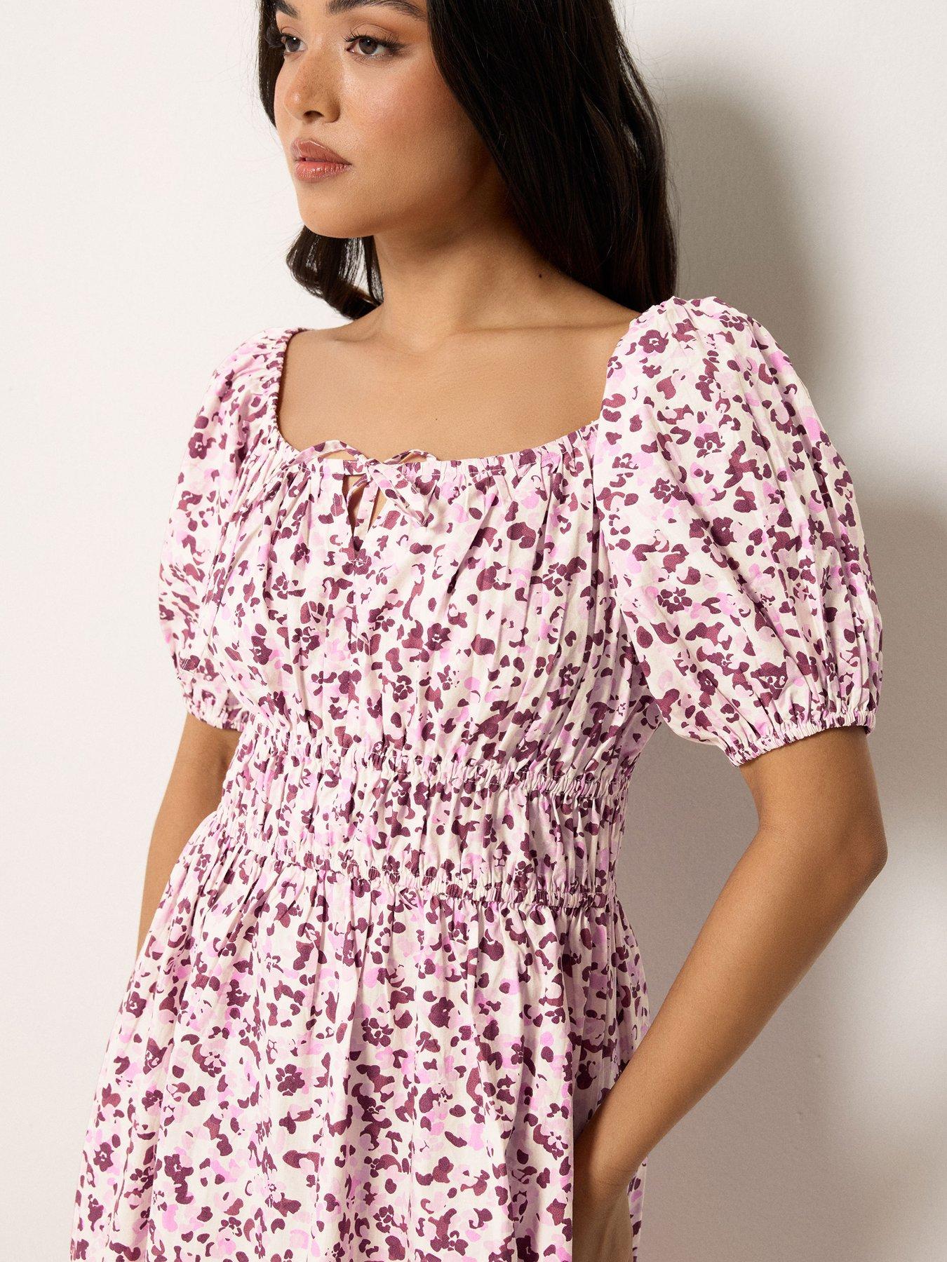 Image 4 of 5 of PixieGirl Petite Animal Print Puff Sleeve Midi Dress - Pink