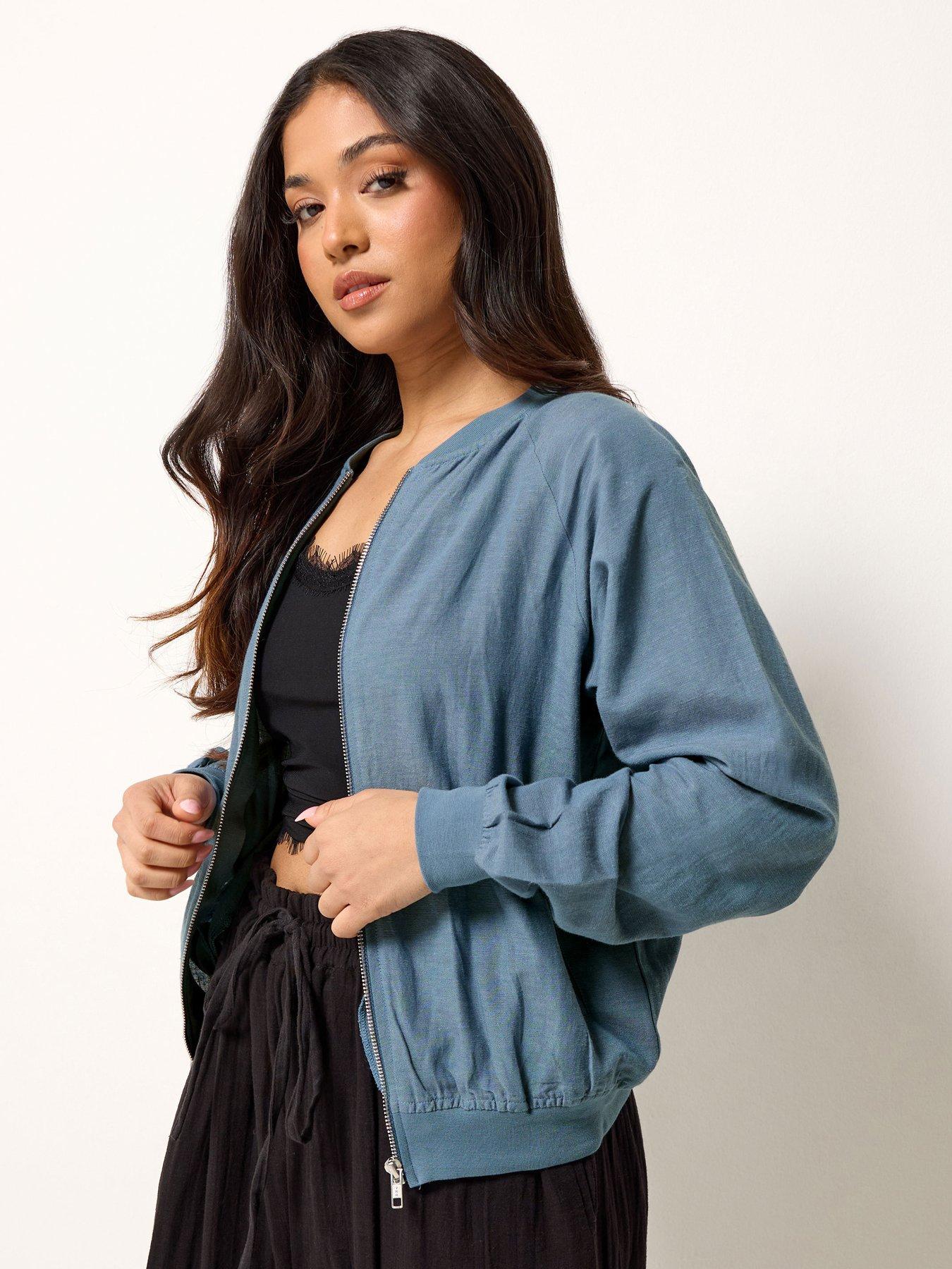 Image 1 of 4 of PixieGirl Petite Linen Bomber Jacket - Blue