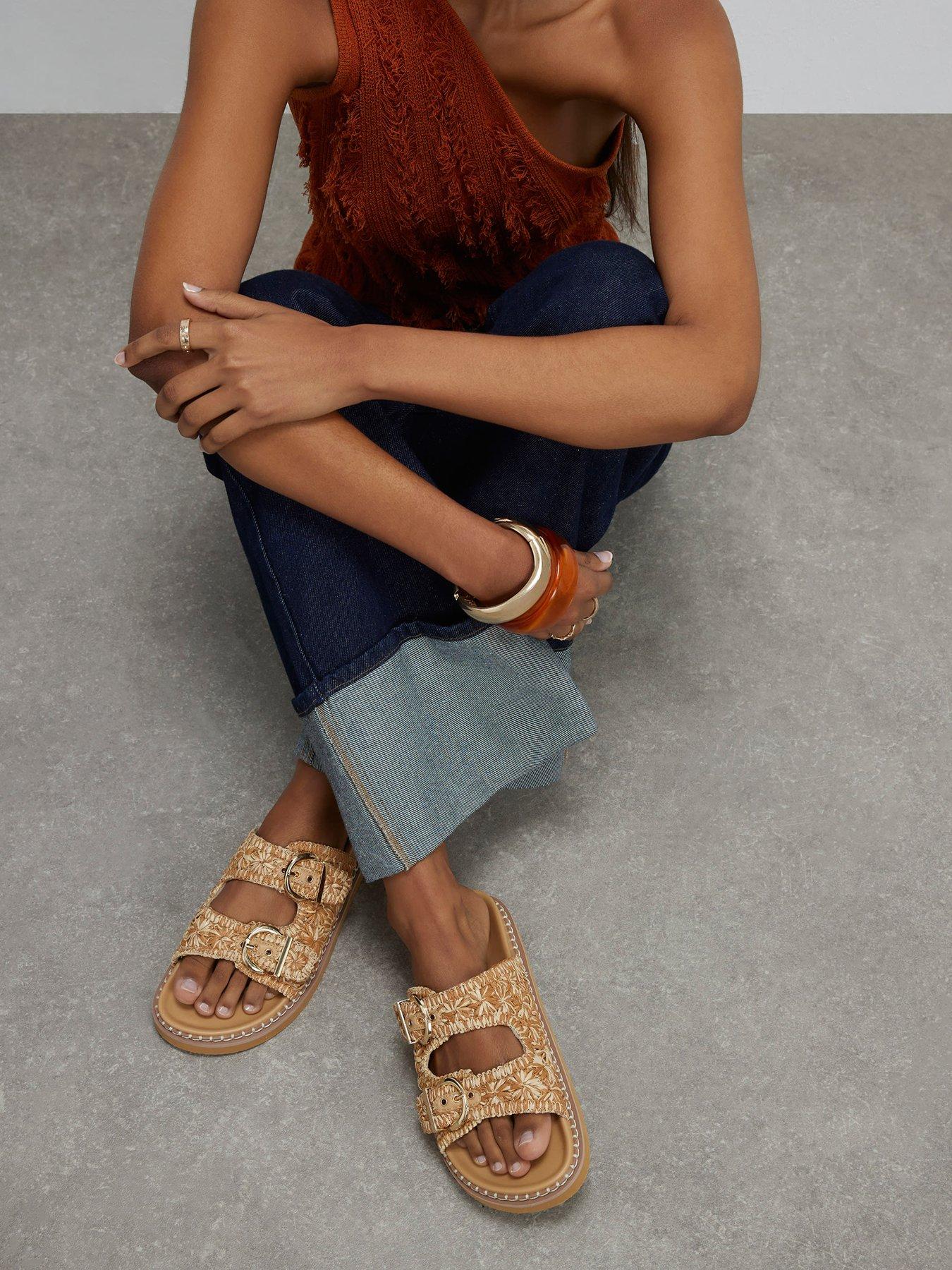 River Island Raffia Double Buckle Footbed - Beige