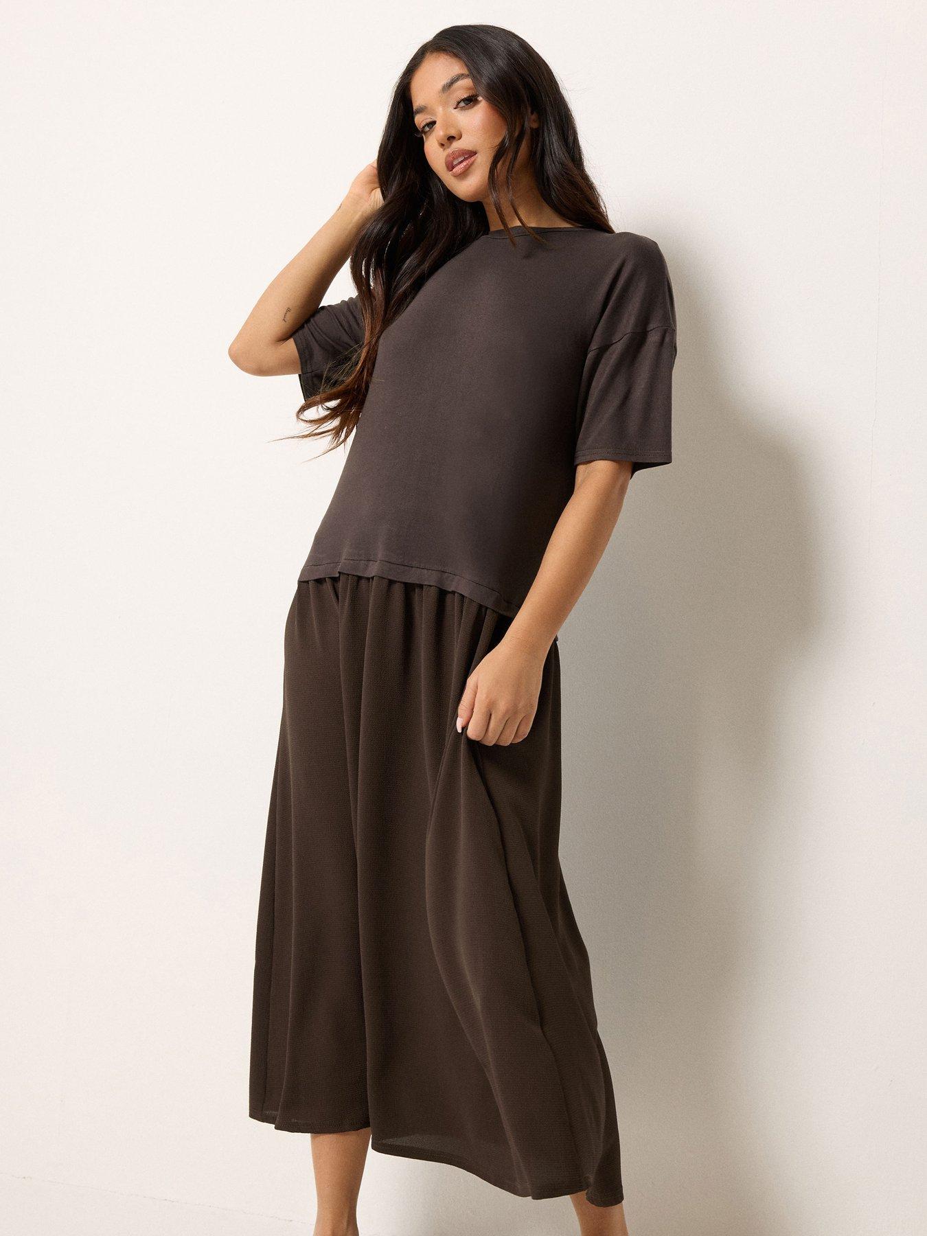 PixieGirl Petite Drop Waist Maxi Dress - Brown