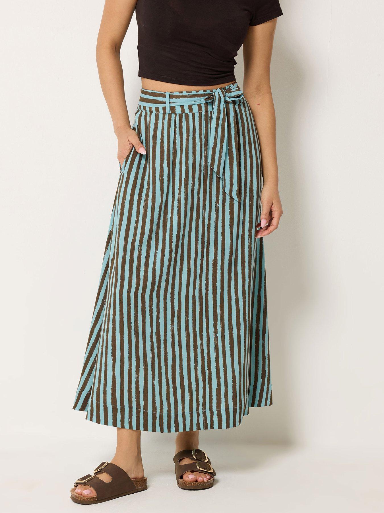PixieGirl Petite Stripe Belted Midaxi Skirt - Brown