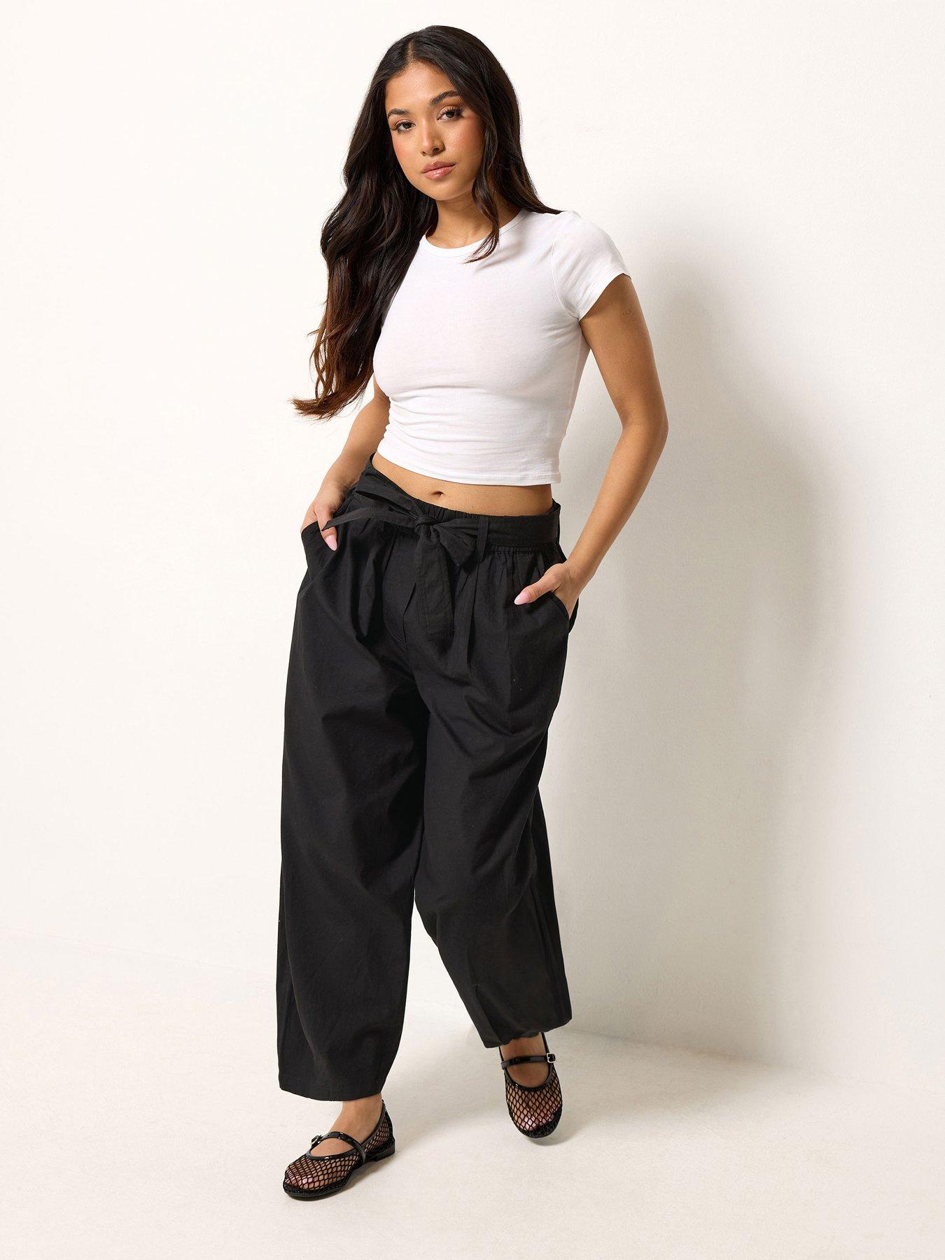 PixieGirl Petite Self Belt Poplin Barrel Trousers - Black