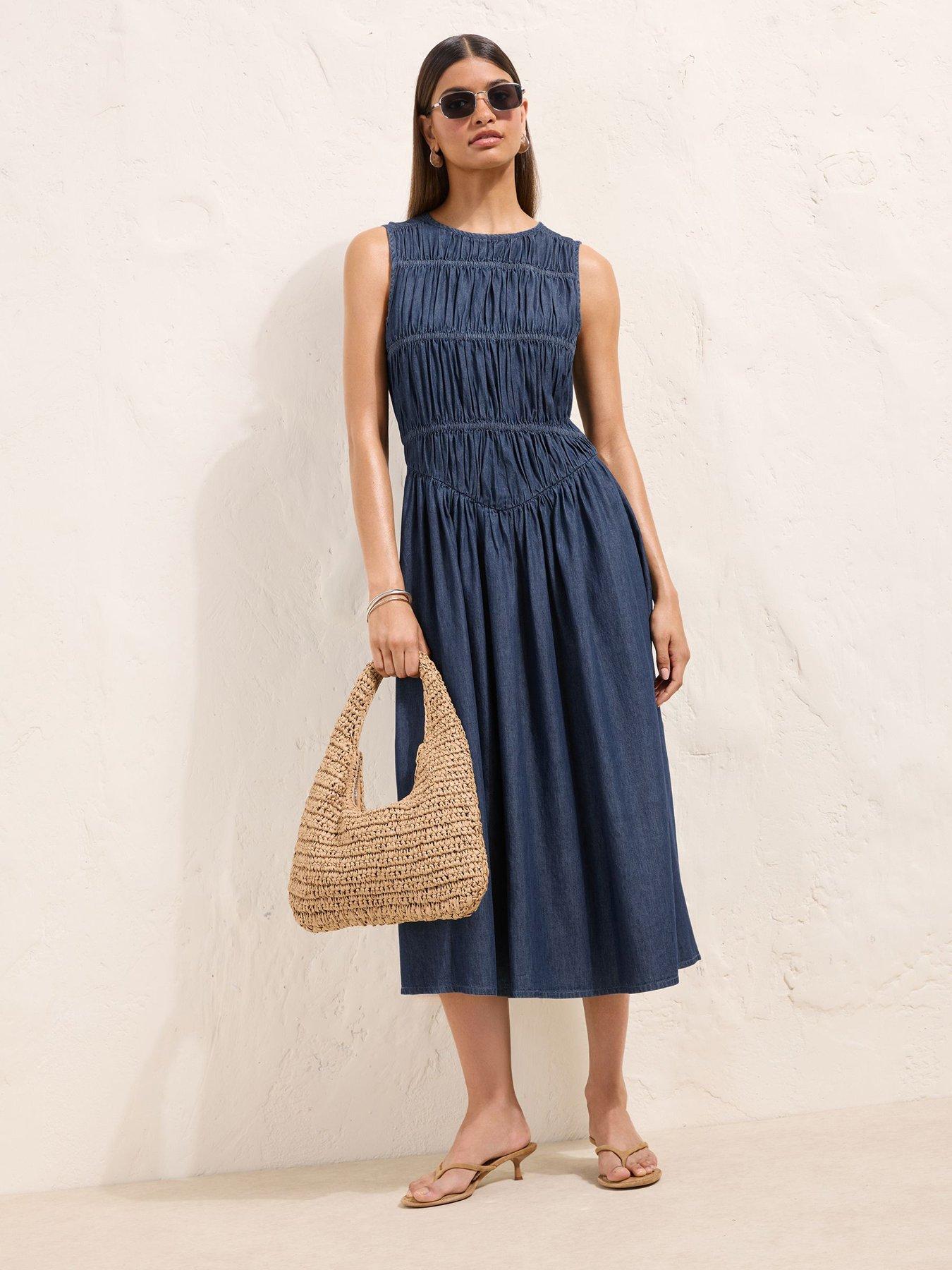Friends Like These Women's Shirred Waist Chambray Midaxi Dress - Blue