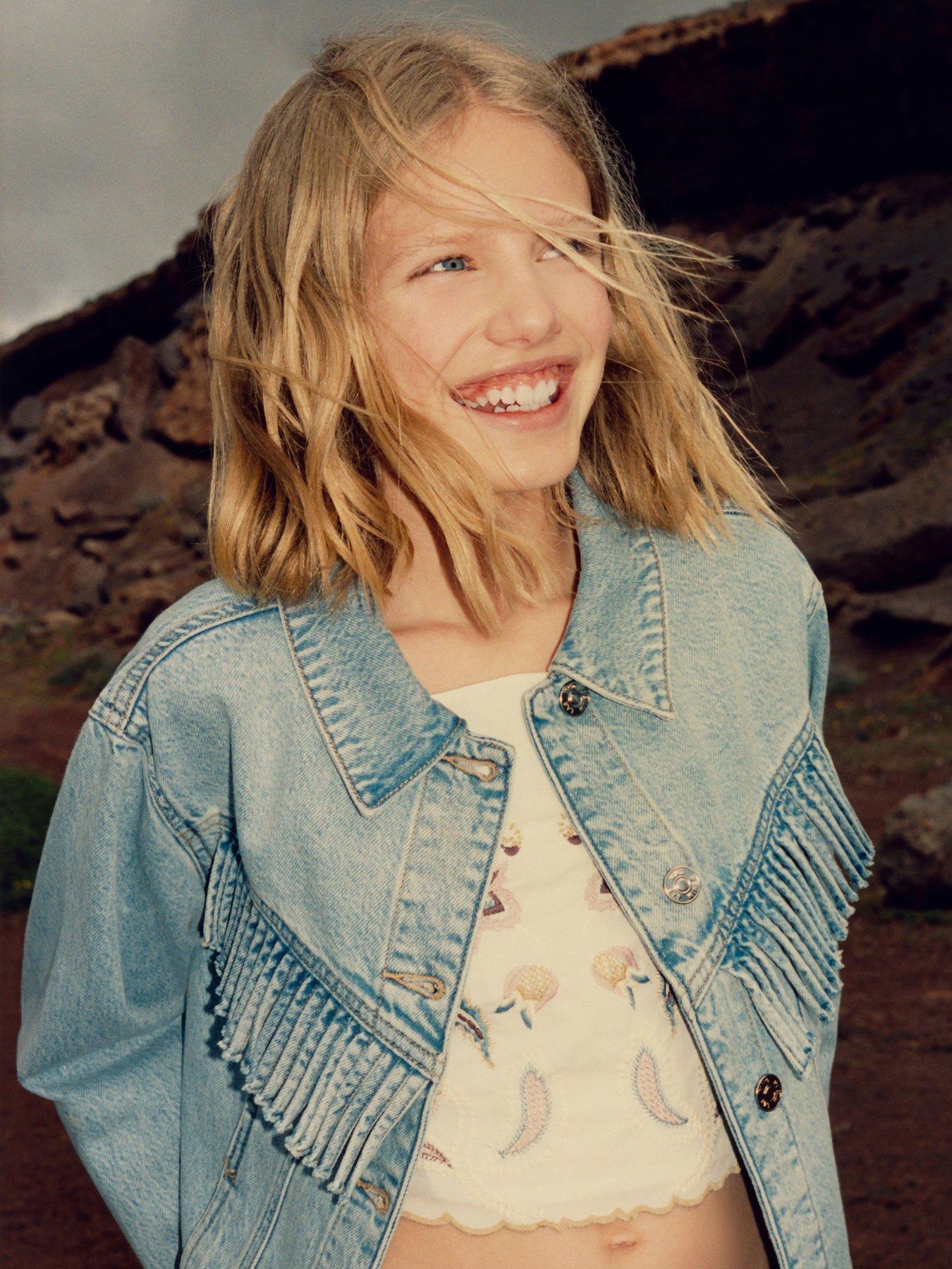 Mango Girls Fringed Denim Jacket - Blue