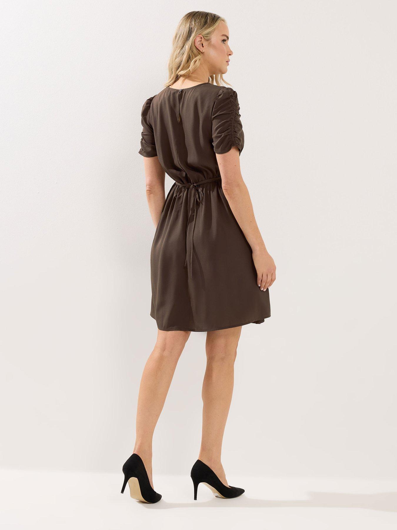 Image 2 of 5 of Long Tall Sally Ruched Sleeve Mini Dress - Brown