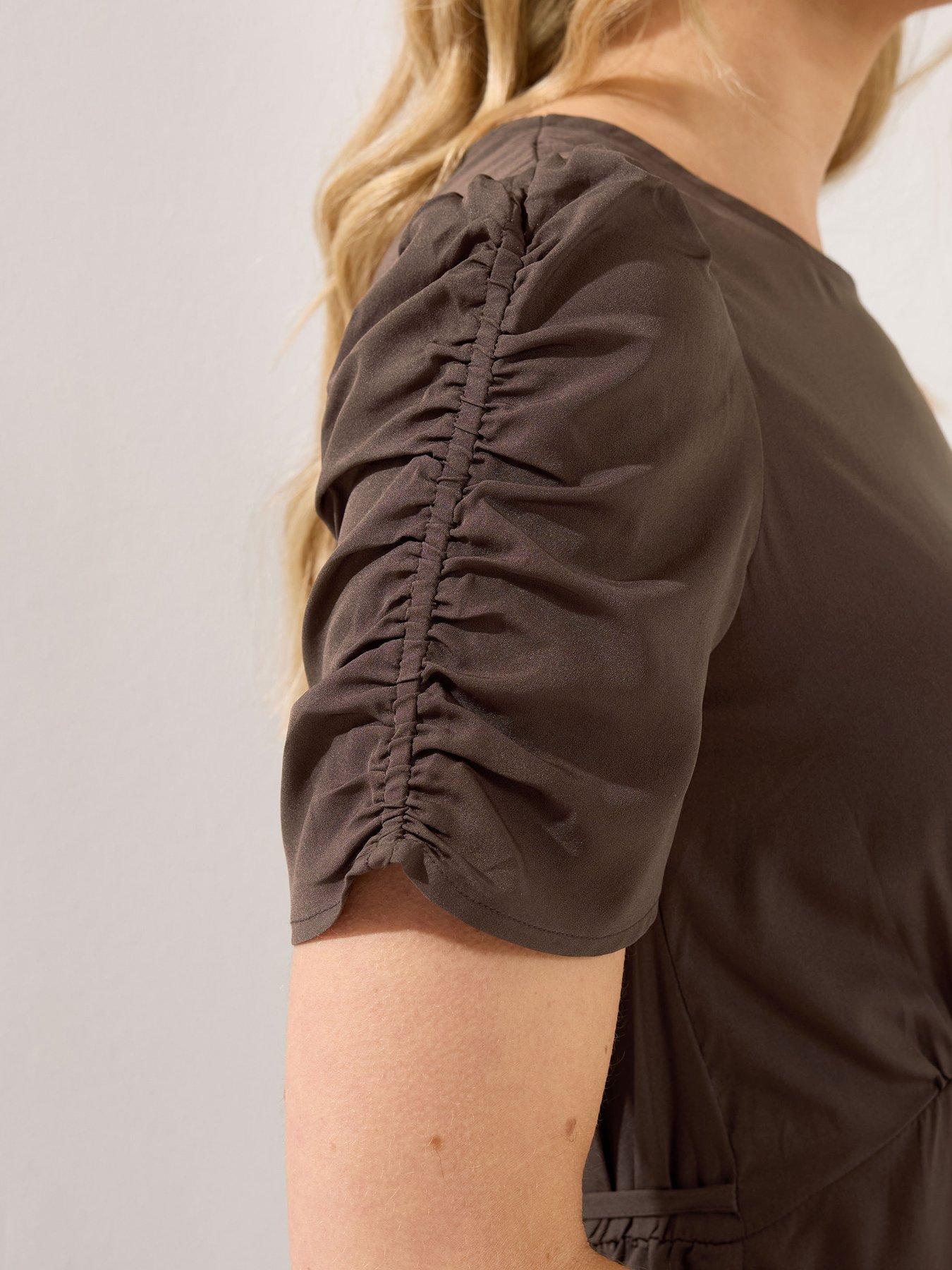 long-tall-sally-ruched-sleeve-mini-dress-brownoutfit