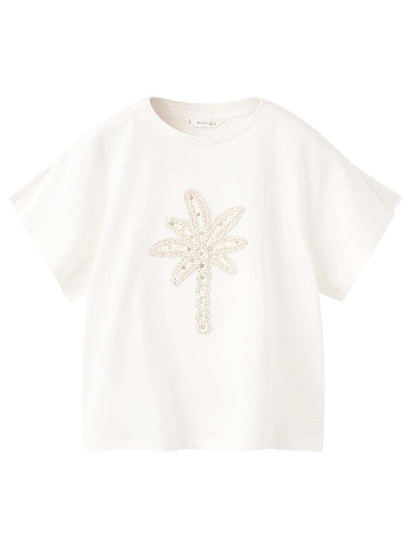 Mango Girls Embroidered Palm Tree Short Sleeve T-shirt - Light Cream