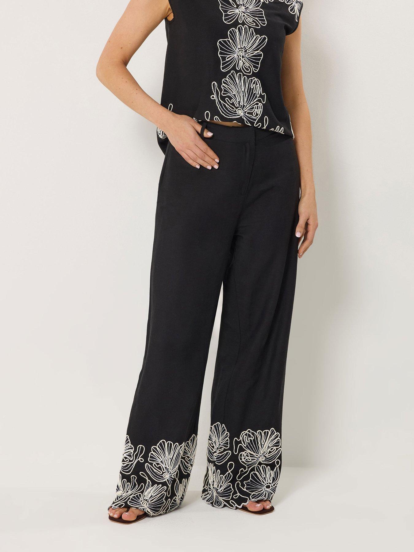 Long Tall Sally Floral Embroidered Wide Leg Trousers 34" - Black