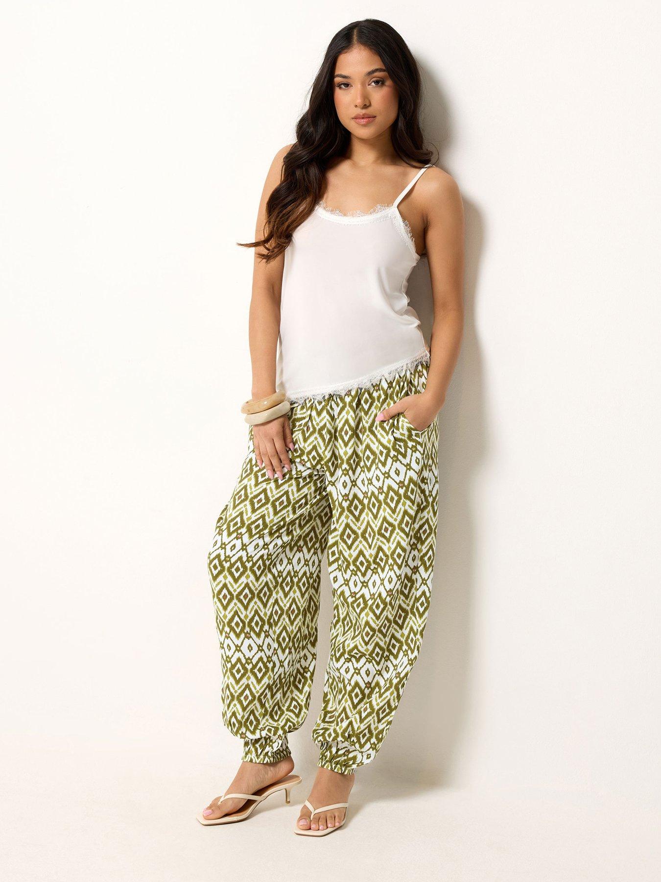 Image 1 of 4 of PixieGirl Petite Abstract Harem Trousers - Green