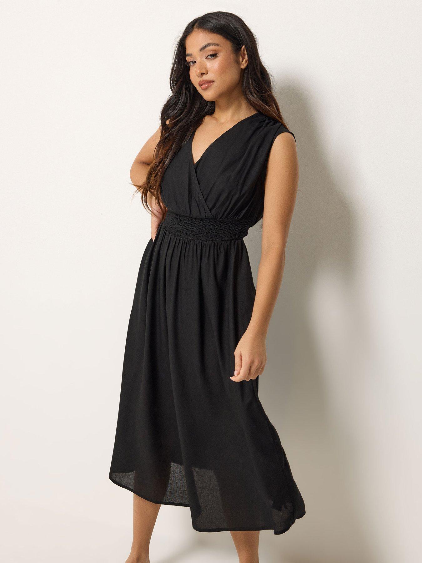 PixieGirl Petite Wrap Front Midi Dress - Black