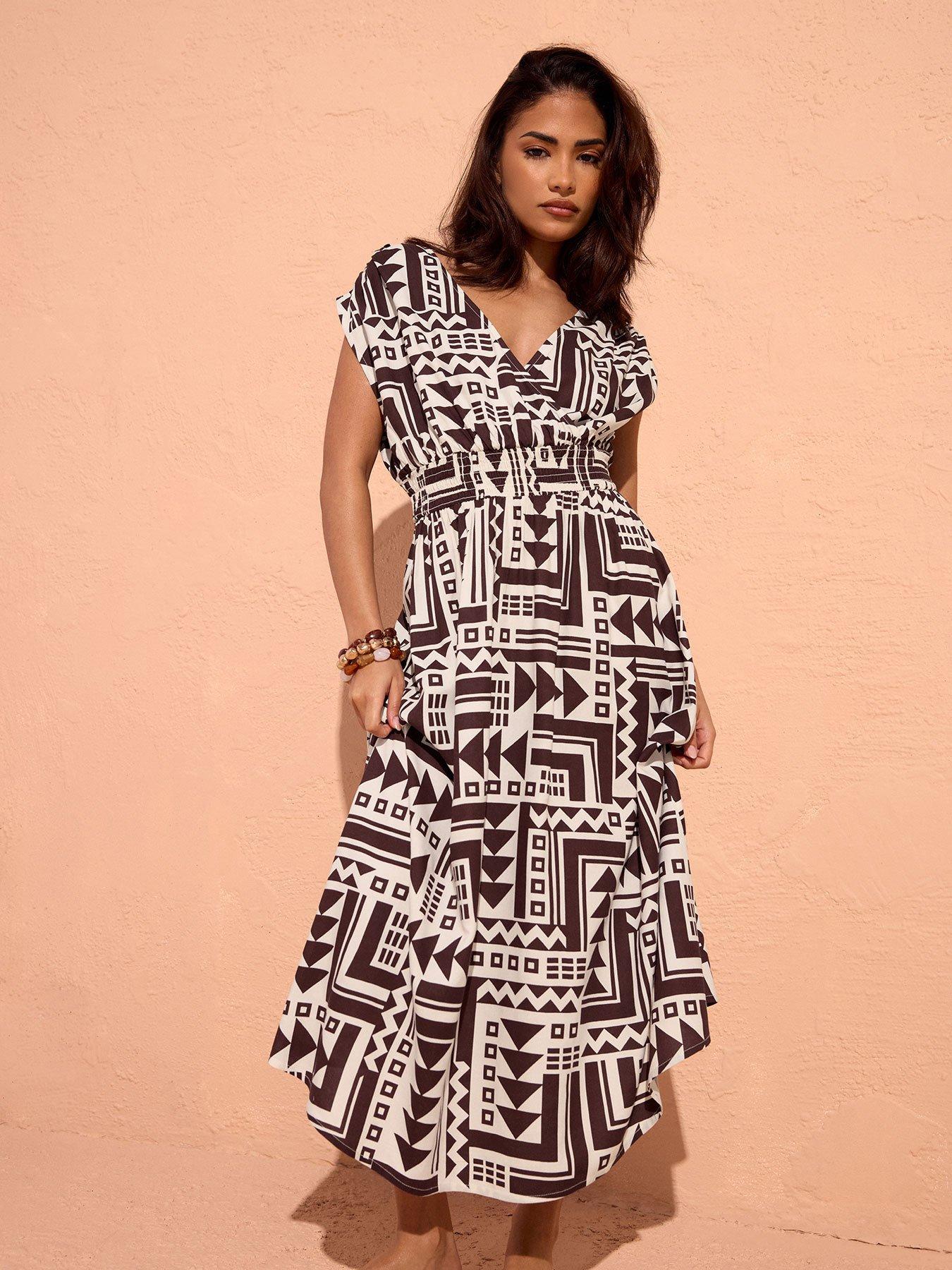 PixieGirl Petite Abstract Wrap Front Midi Dress - Brown