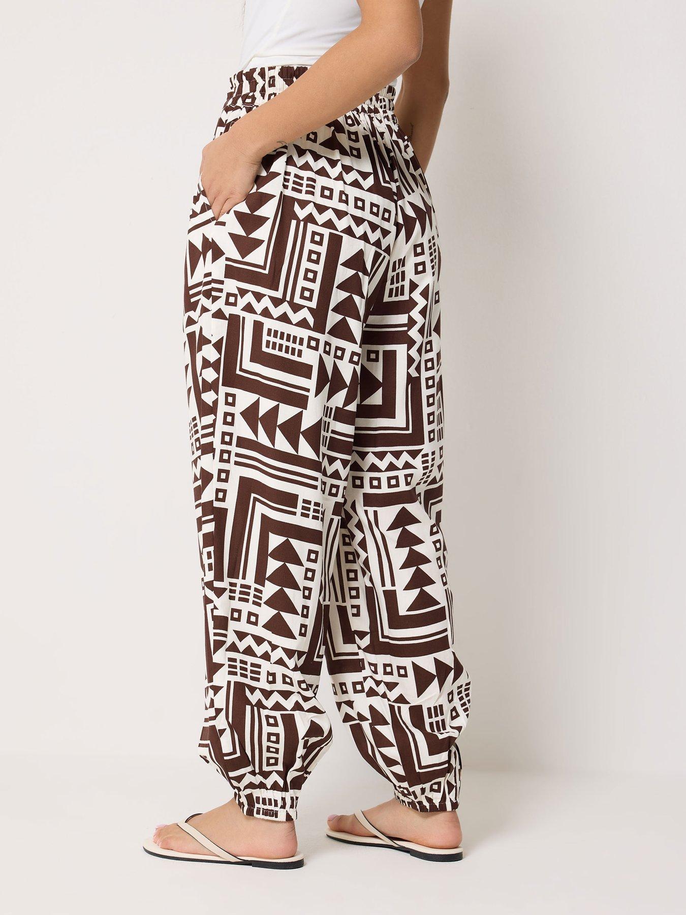 pixiegirl-petite-wide-abstract-harem-trousers-brownstillFront
