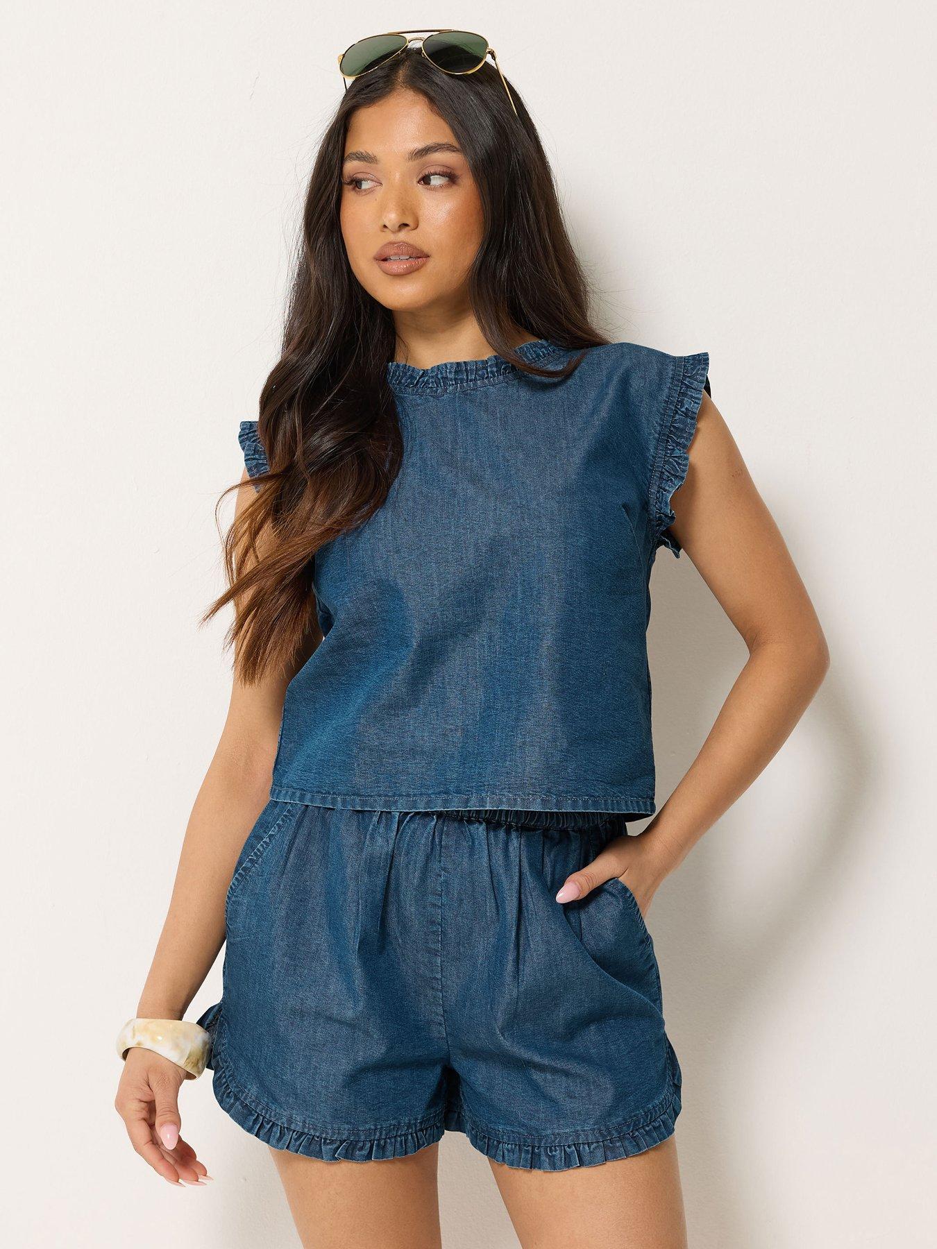 Image 1 of 4 of PixieGirl Petite Denim Frill Top - Blue