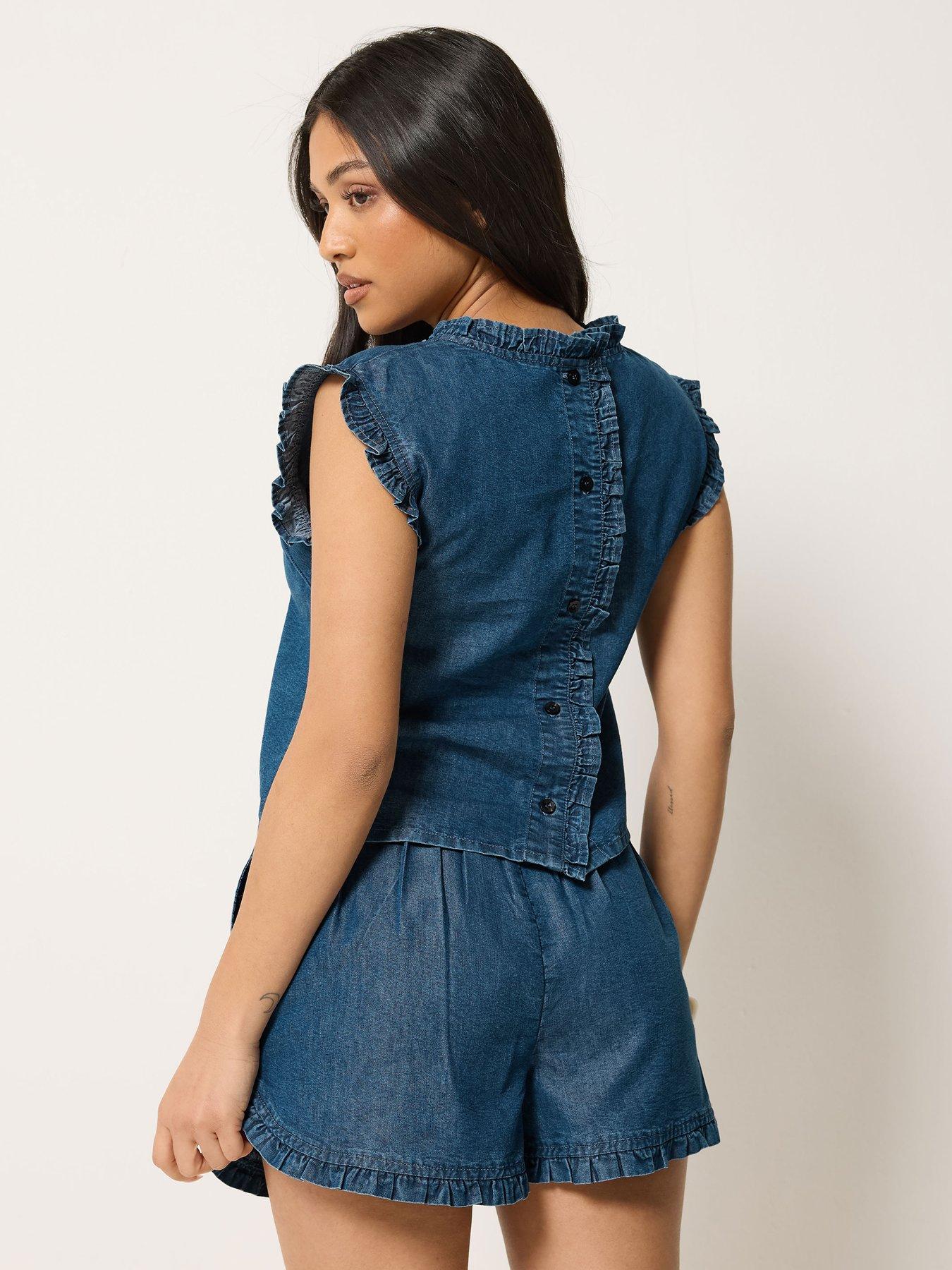 Image 2 of 4 of PixieGirl Petite Denim Frill Top - Blue