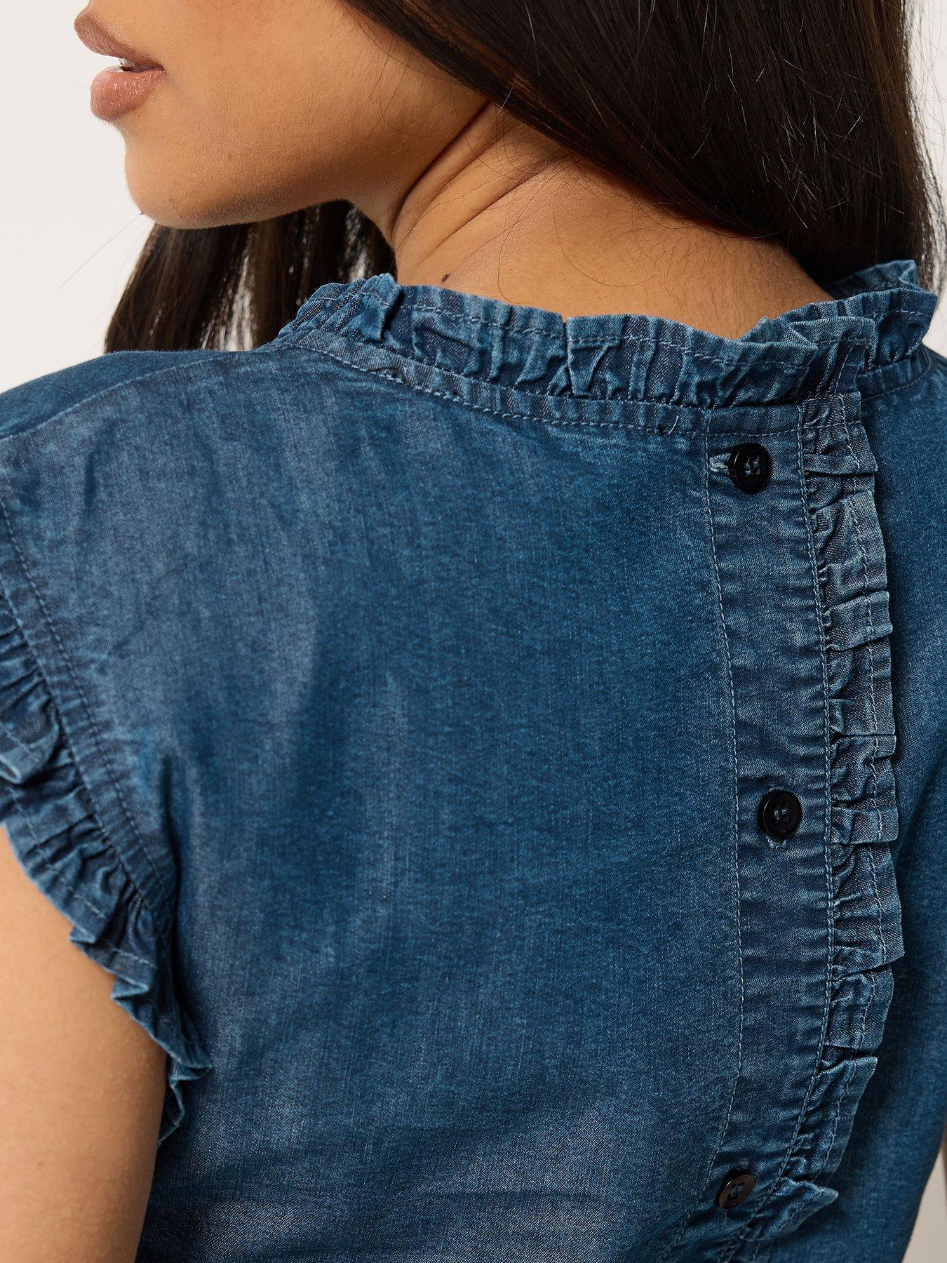 Image 4 of 4 of PixieGirl Petite Denim Frill Top - Blue