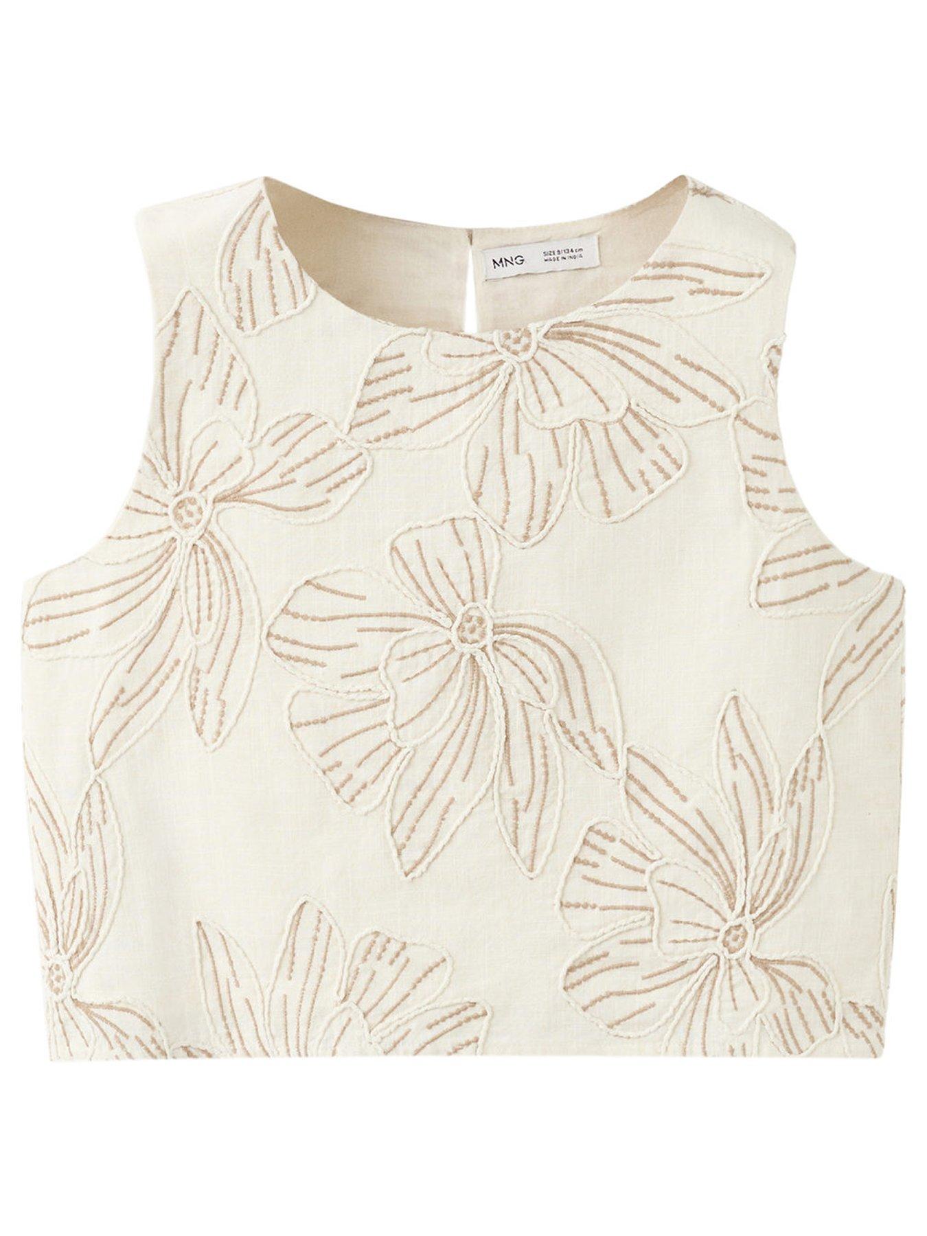 Image 1 of 4 of Mango Girls Flower Embroidered Co-Ord Blouse - Beige