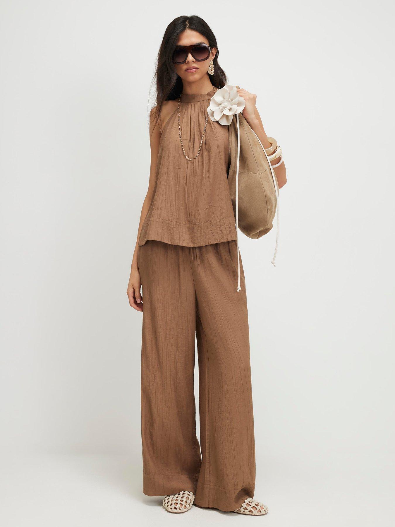 Image 3 of 6 of River Island Textured Wide Leg Trouser - Brown