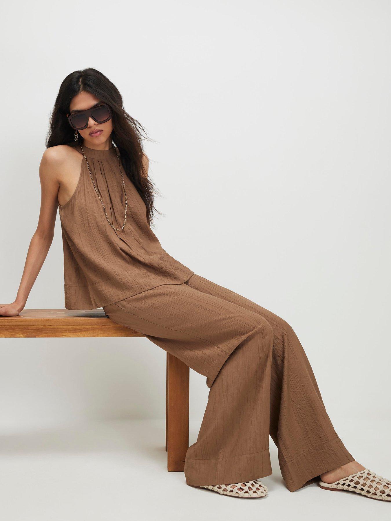 Image 4 of 6 of River Island Textured Wide Leg Trouser - Brown
