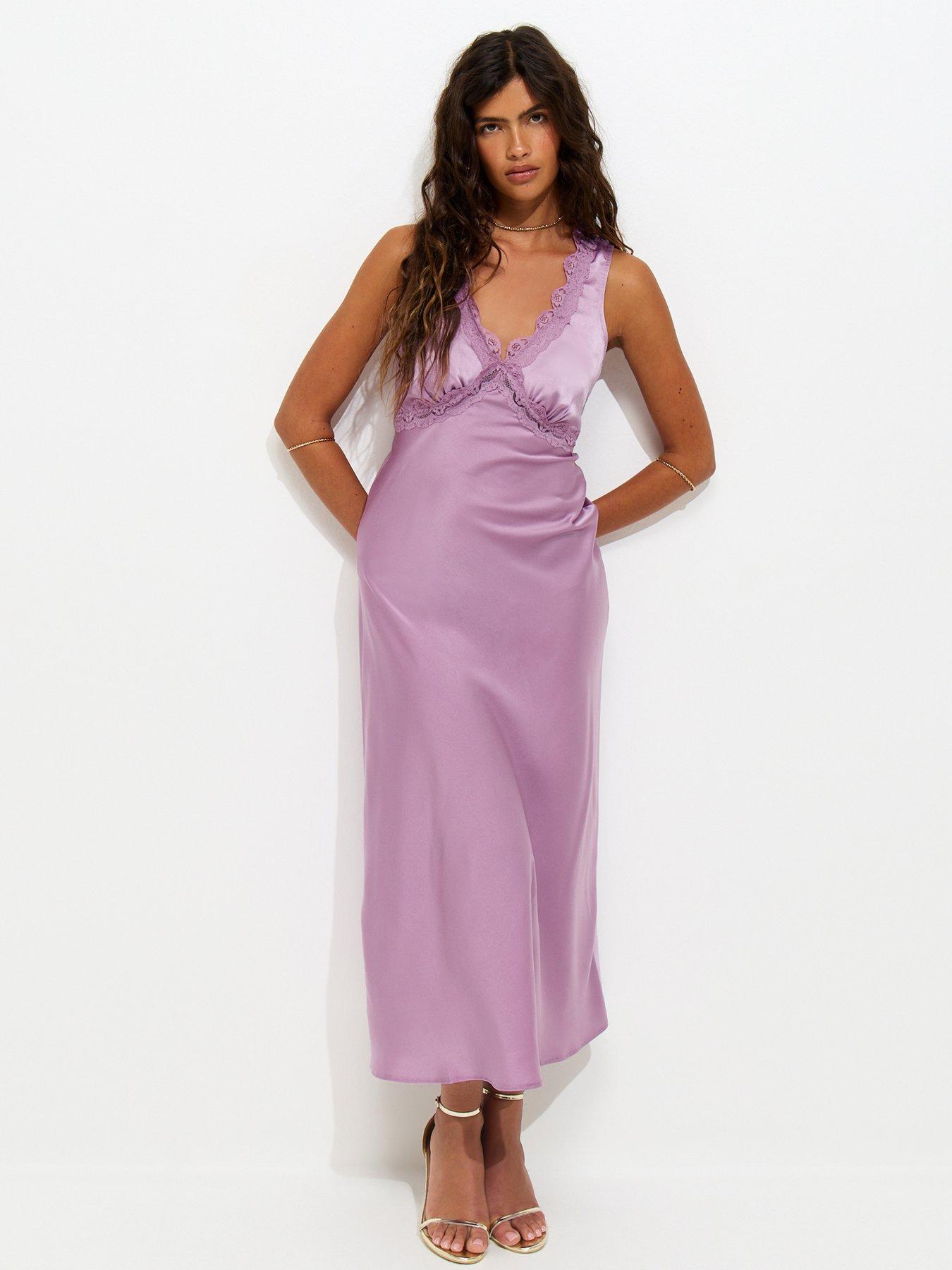 New Look Satin Lace Trimmed V-Neck Midi Dress - Lilac