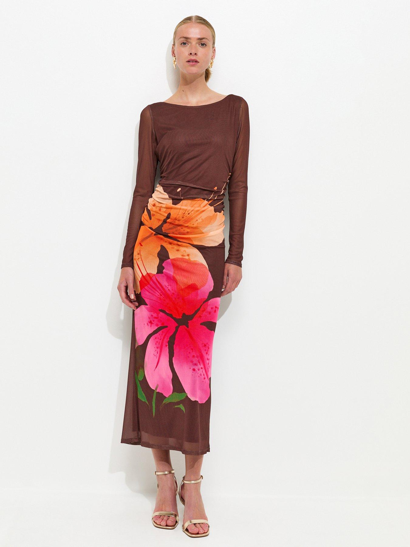New Look Brown Orchid Mesh Long Sleeve Midi Dress
