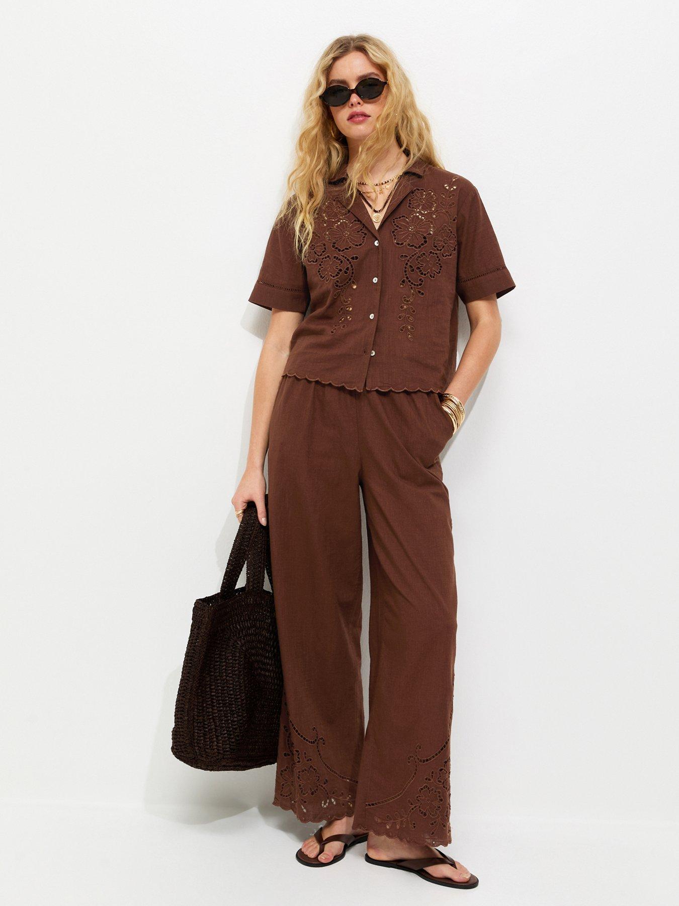 New Look Brown Wide Leg Broderie Wide Leg Trousers