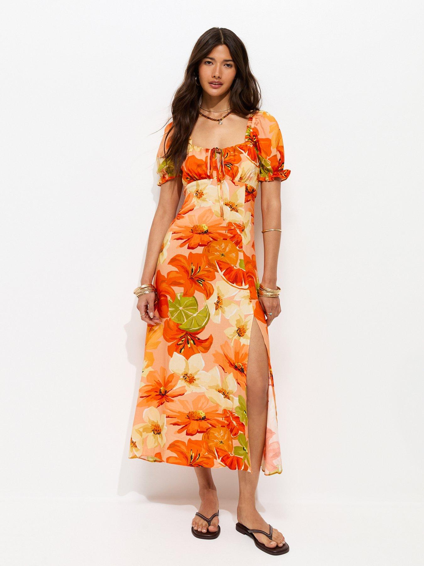 New Look Floral Puff Sleeve Midi Dress - Orange