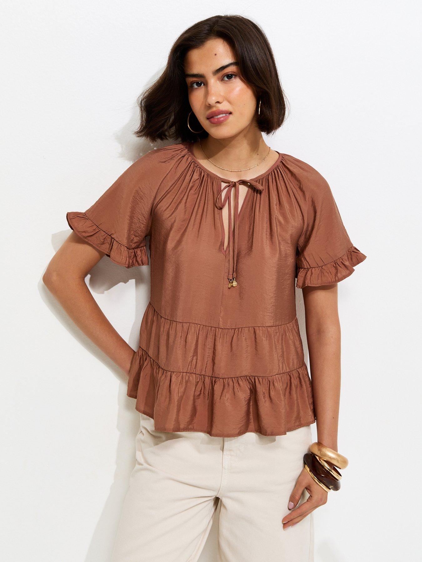 New Look Tiered Tie Neck Top - Light Brown