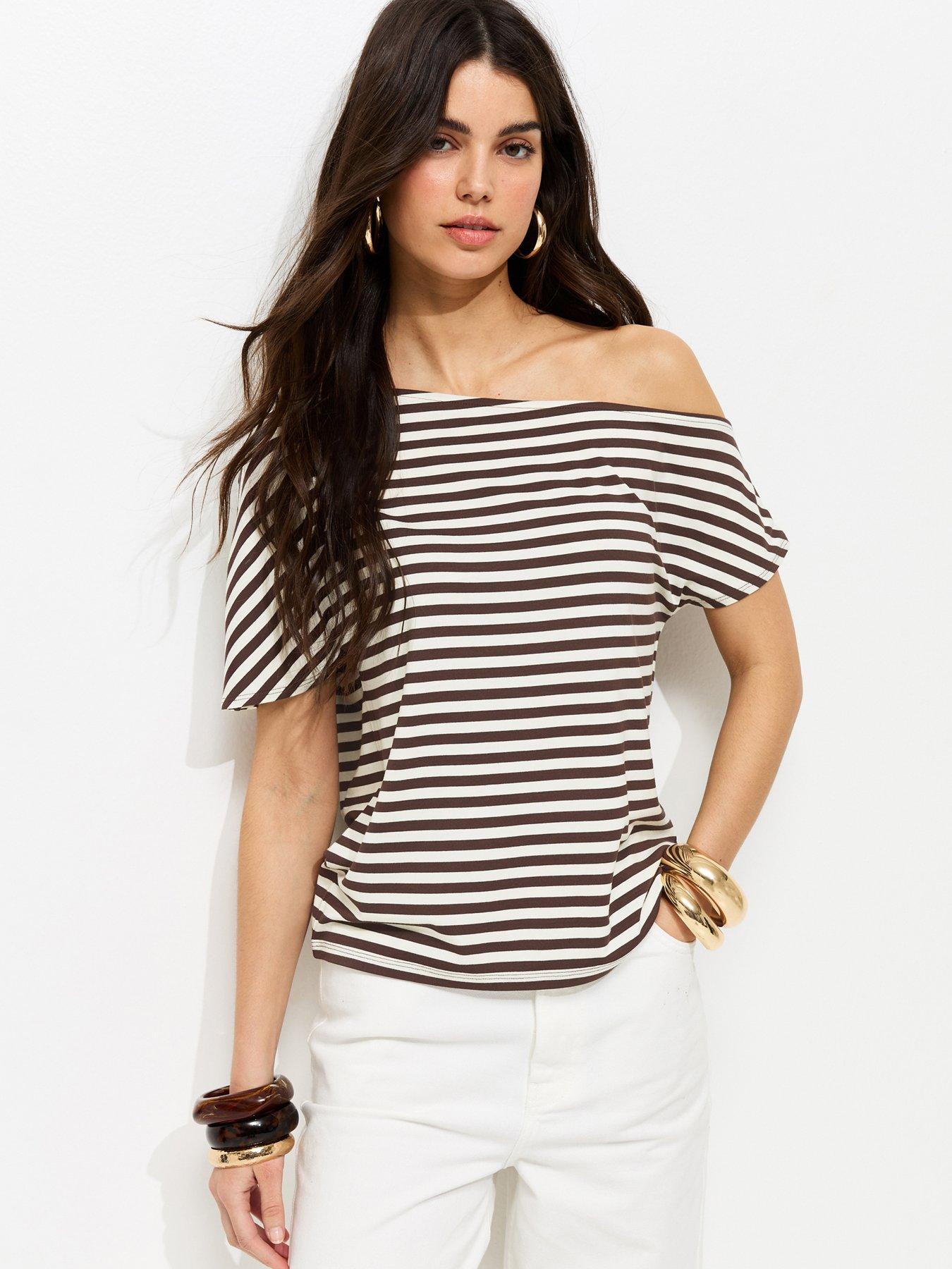 New Look Jersey Short Sleeve Stripe Off The Shoulder Top - Brown