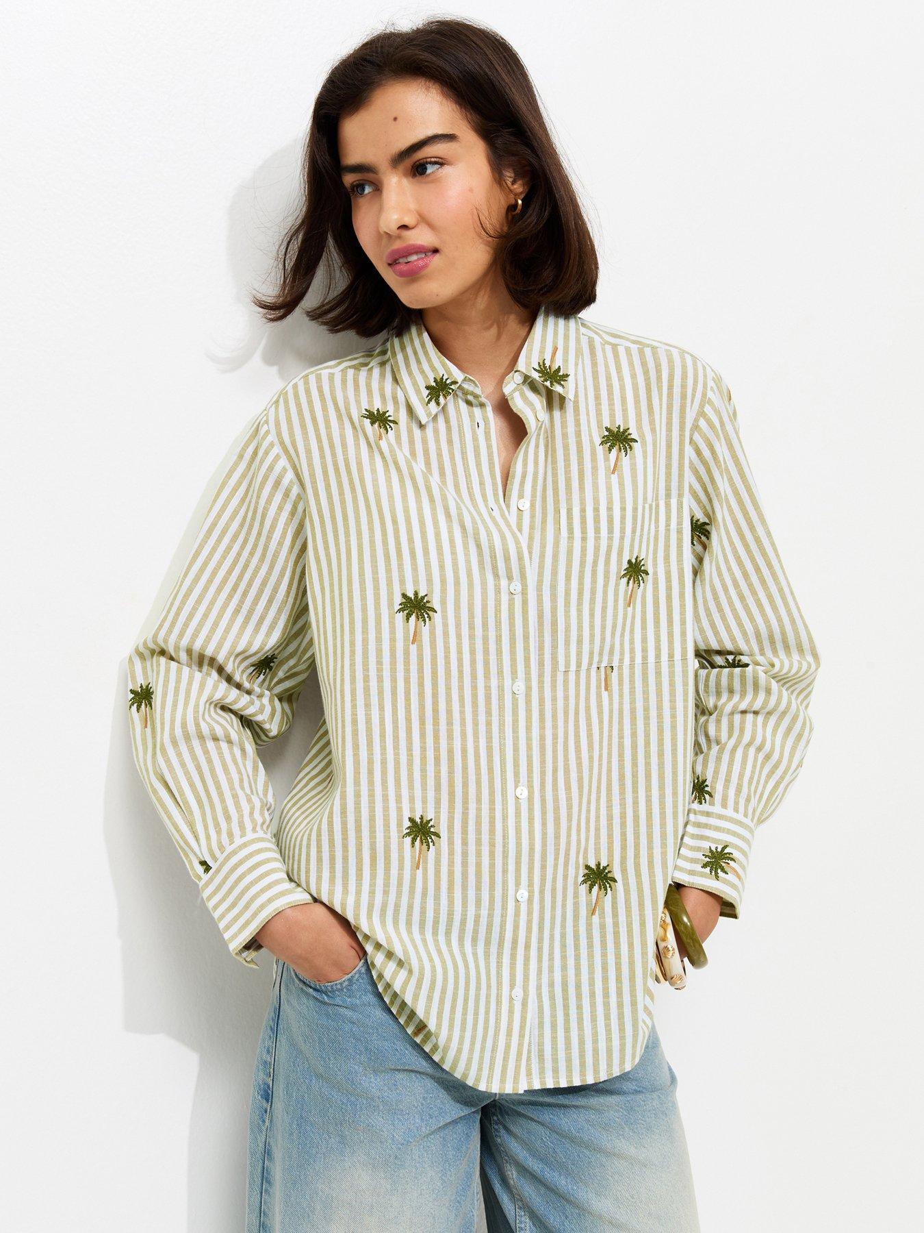 Image 1 of 5 of New Look Striped Palm Tree Embroidered Shirt - Green