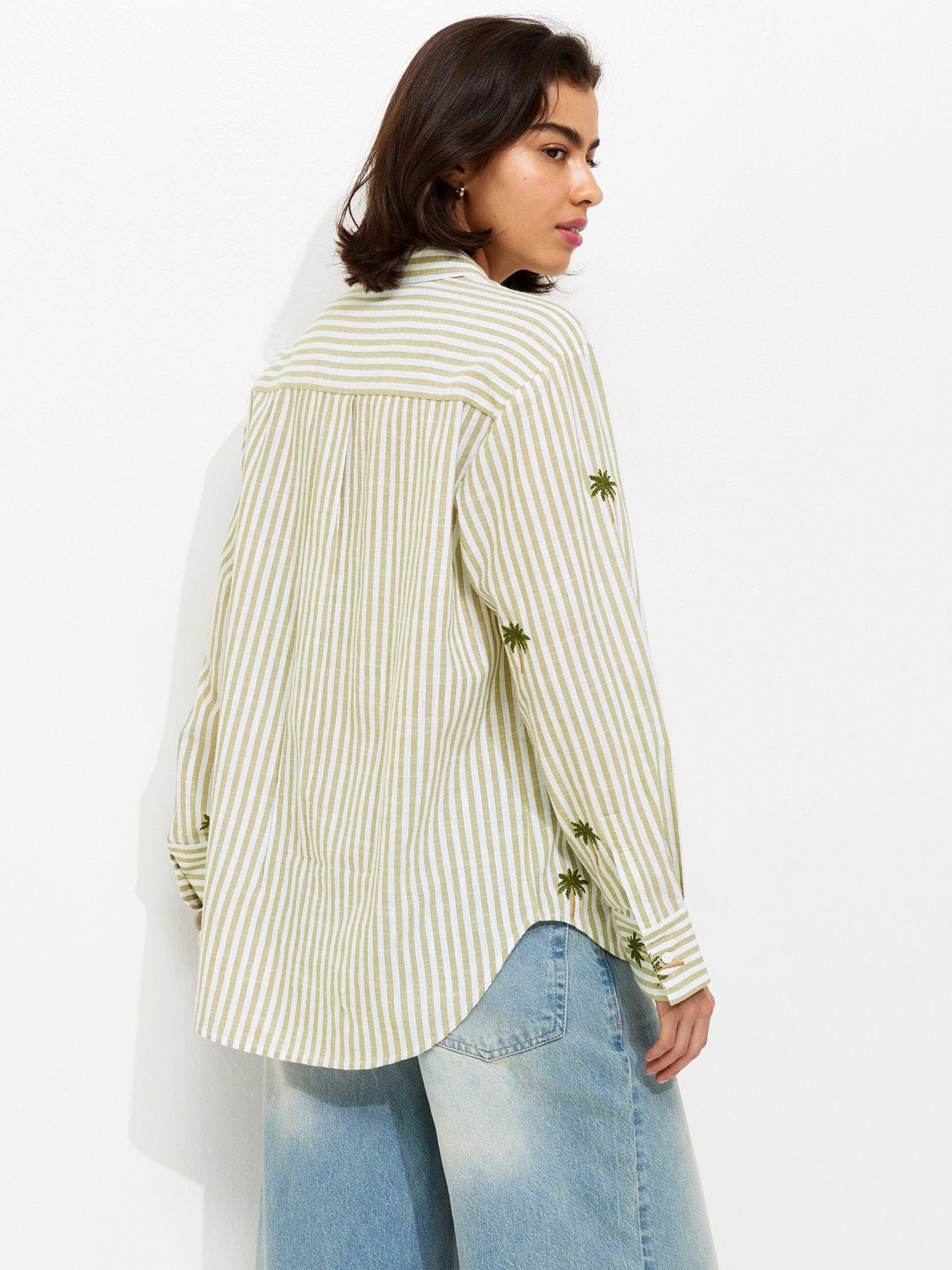 Image 2 of 5 of New Look Striped Palm Tree Embroidered Shirt - Green