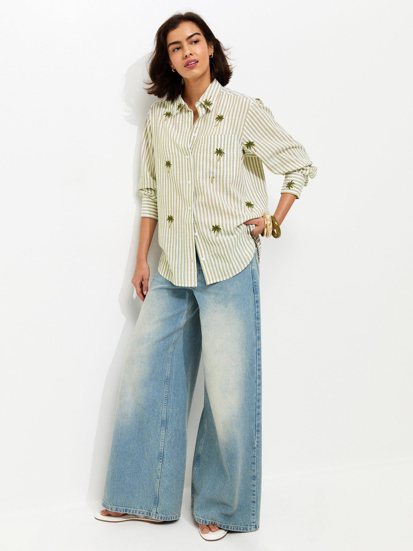 Image 3 of 5 of New Look Striped Palm Tree Embroidered Shirt - Green