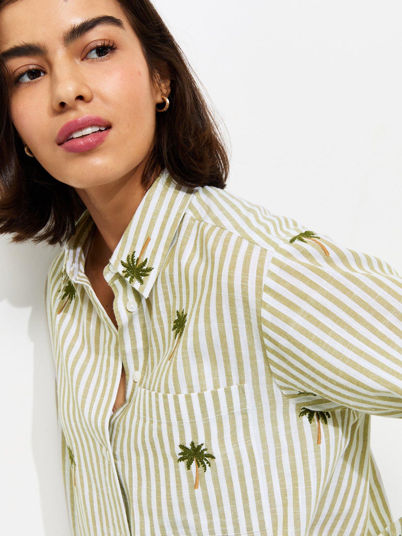 Image 4 of 5 of New Look Striped Palm Tree Embroidered Shirt - Green