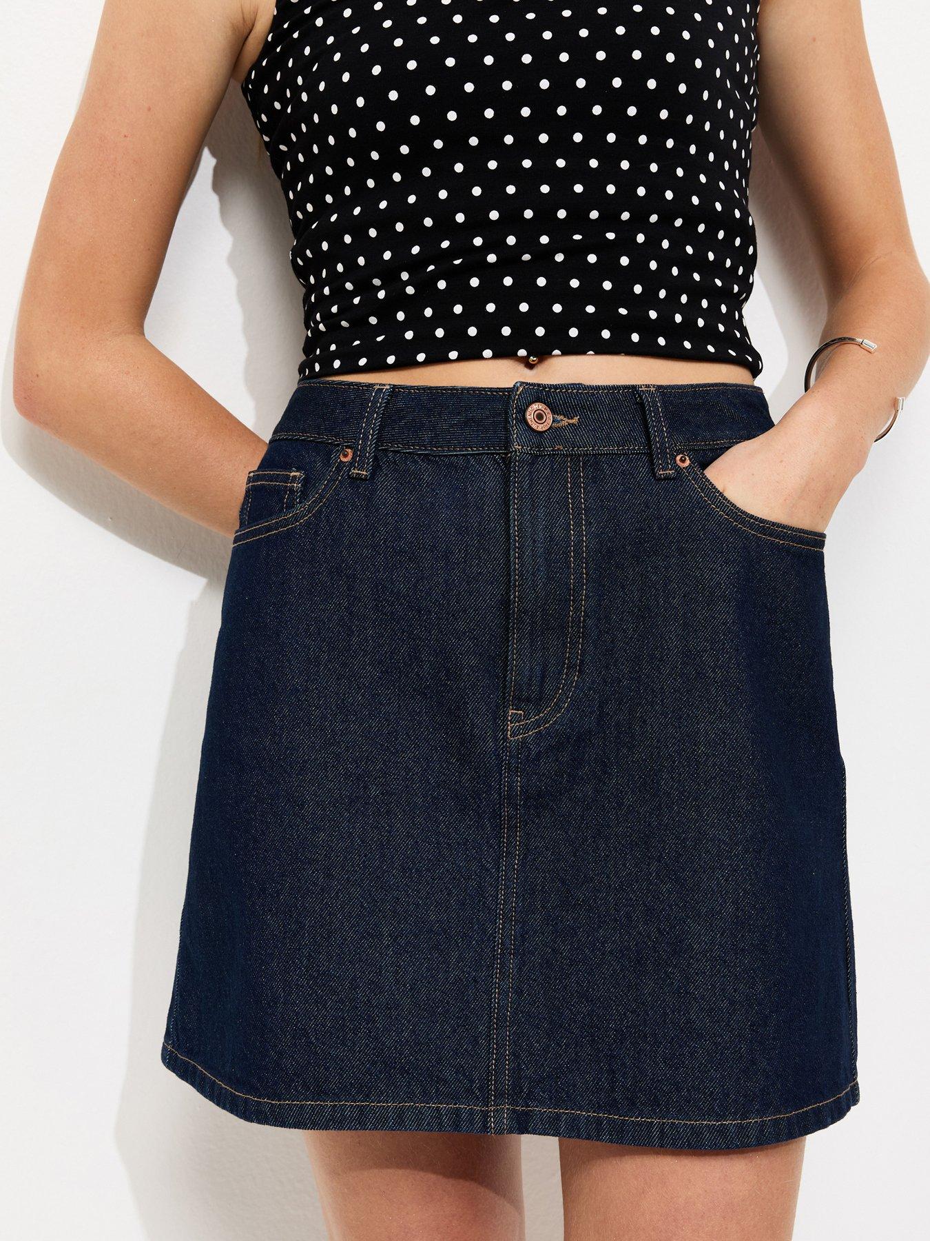Image 1 of 5 of New Look Navy Denim A-Line Mini Skirt - Blue