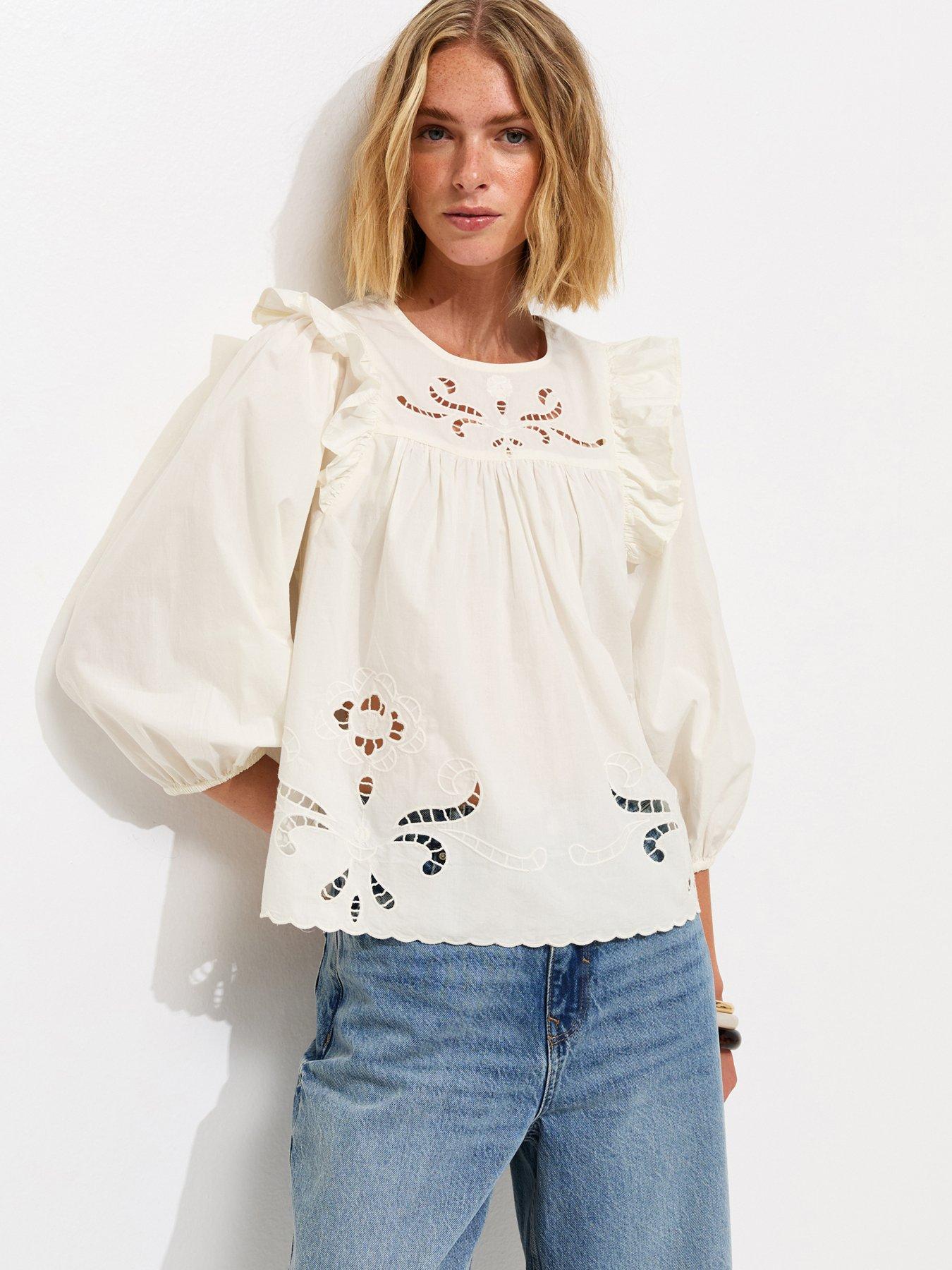 Image 1 of 5 of New Look Broderie Frill Trim Blouse - Cream