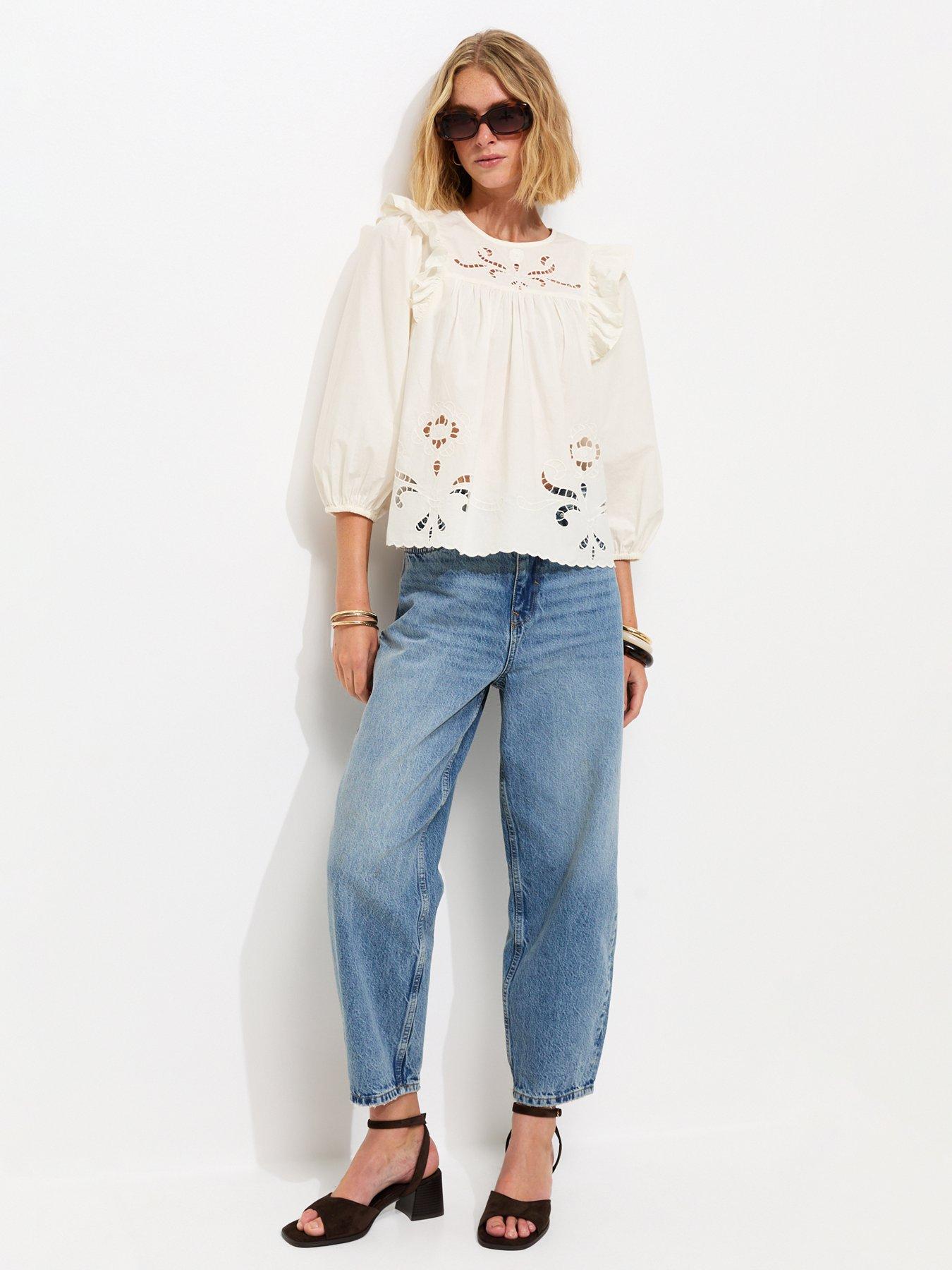 Image 3 of 5 of New Look Broderie Frill Trim Blouse - Cream