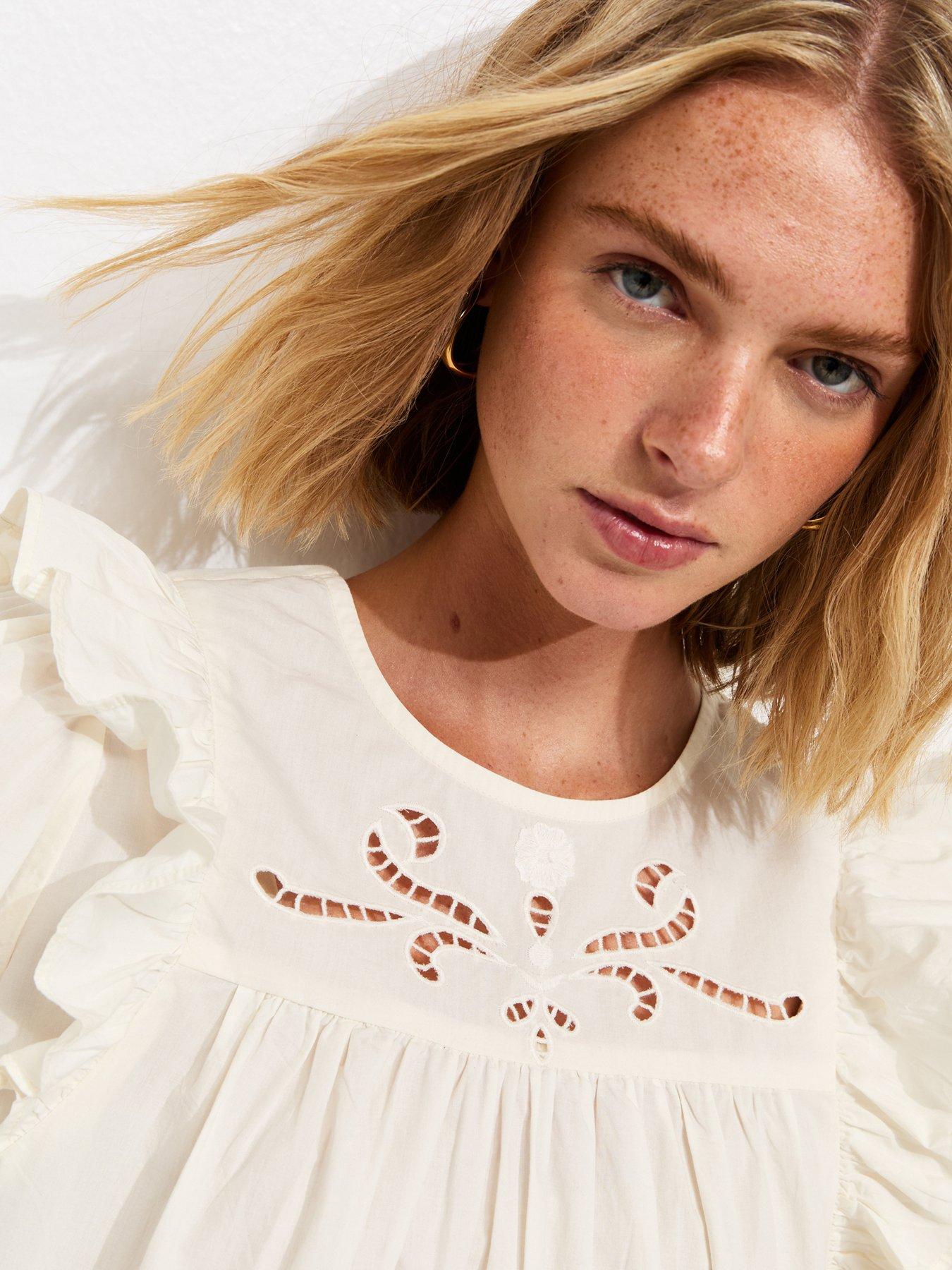 Image 4 of 5 of New Look Broderie Frill Trim Blouse - Cream