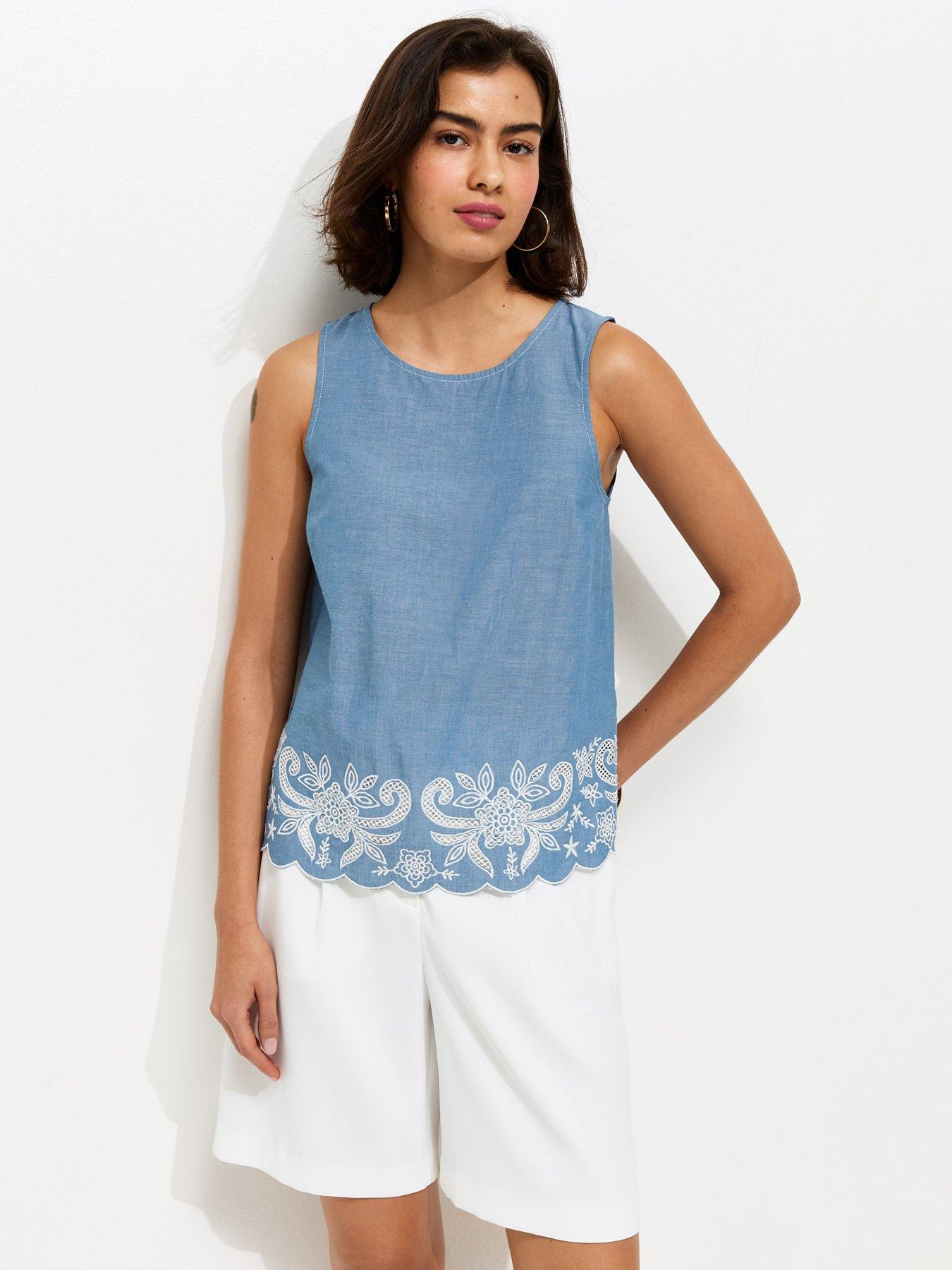 New Look Blue Embroidered Hem Sleeveless Top