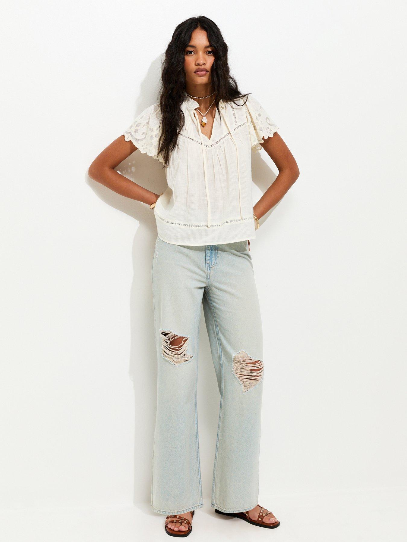Image 3 of 5 of New Look Ripped Knee Wide Leg Adalae Jeans - Blue