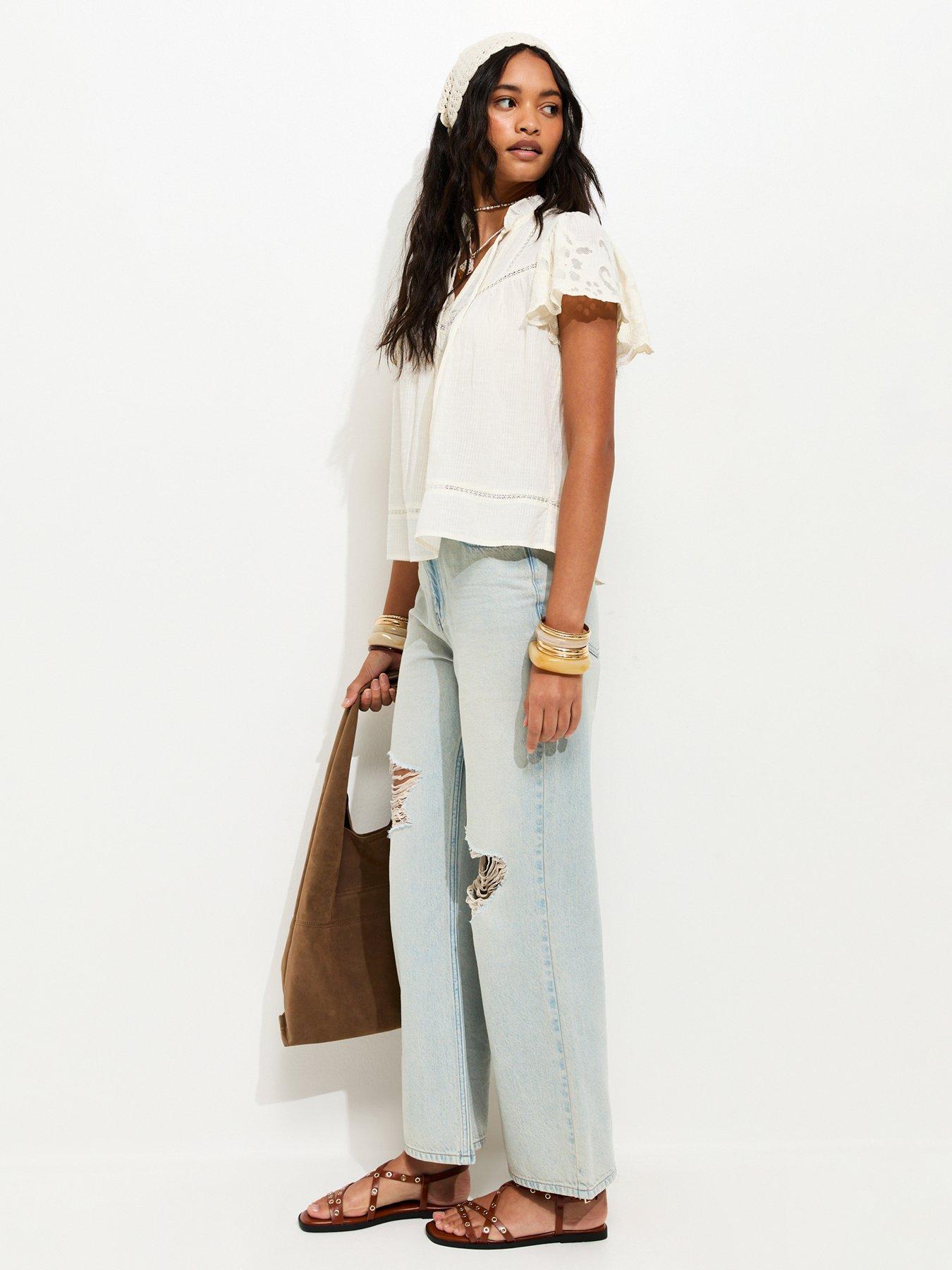 Image 4 of 5 of New Look Ripped Knee Wide Leg Adalae Jeans - Blue