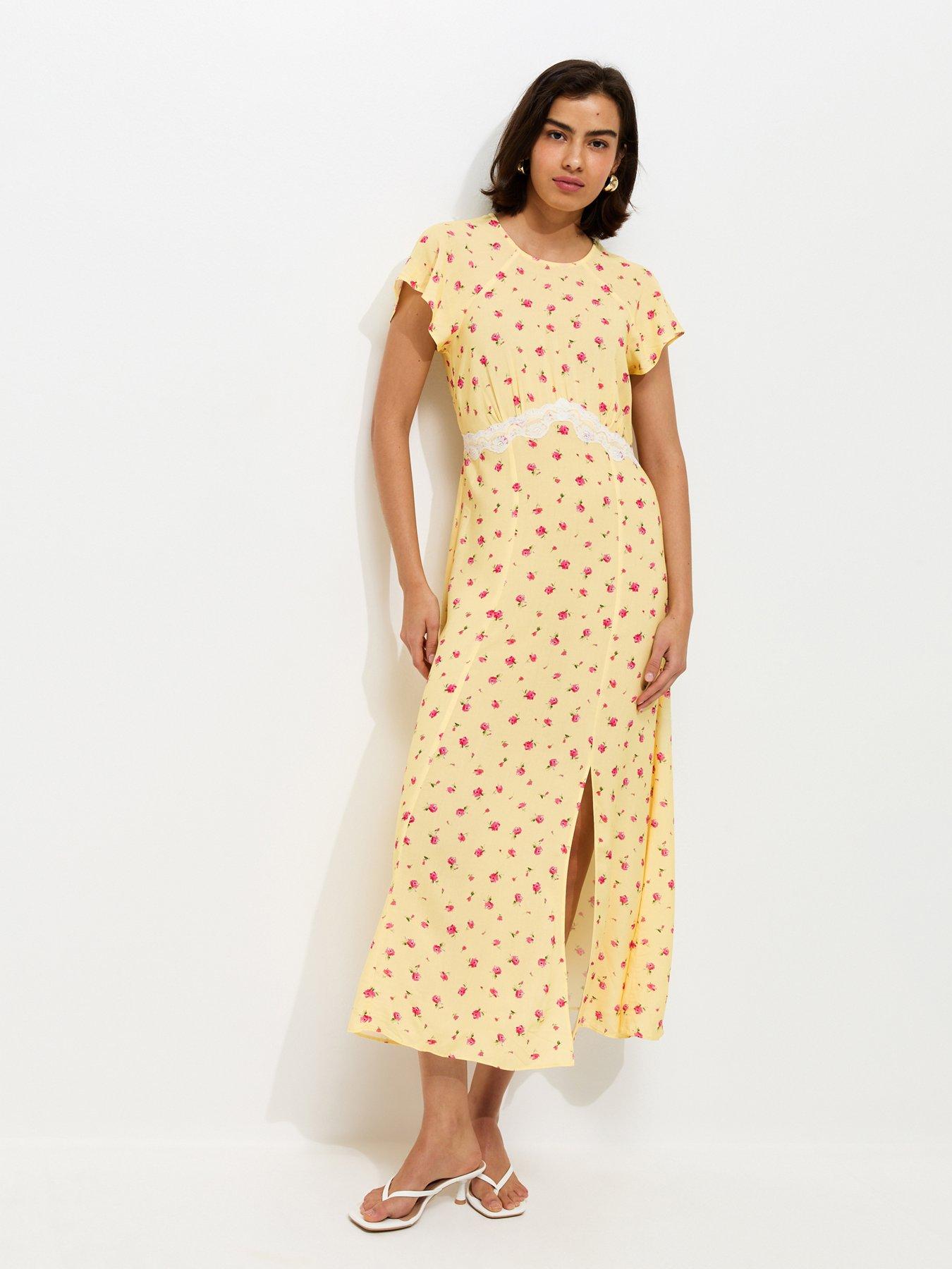 New Look Floral Lace Waist Midi Dress - Yellow