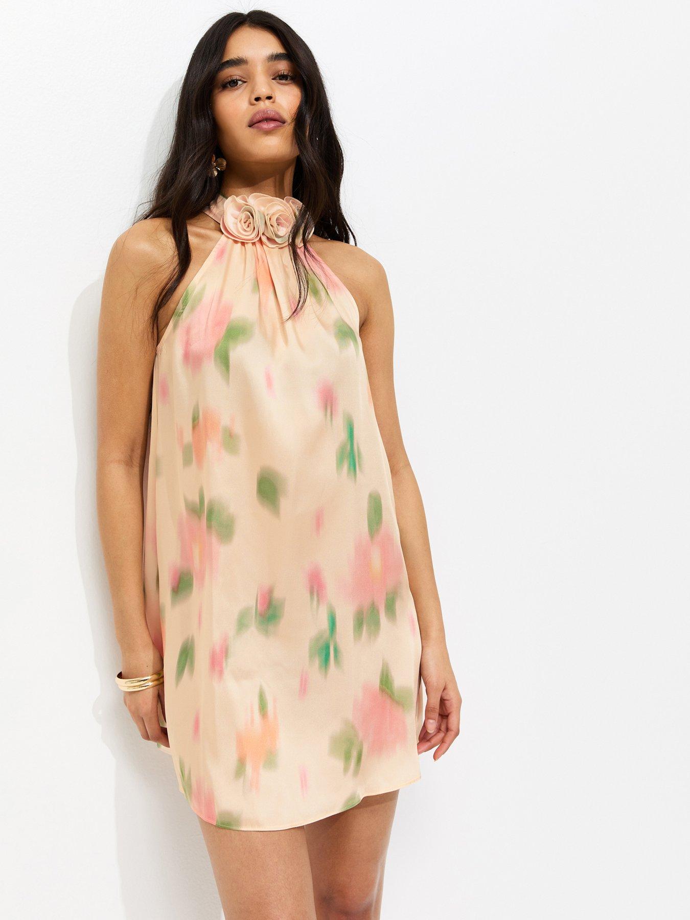 New Look Rose Print Halterneck Mini Dress - Pink