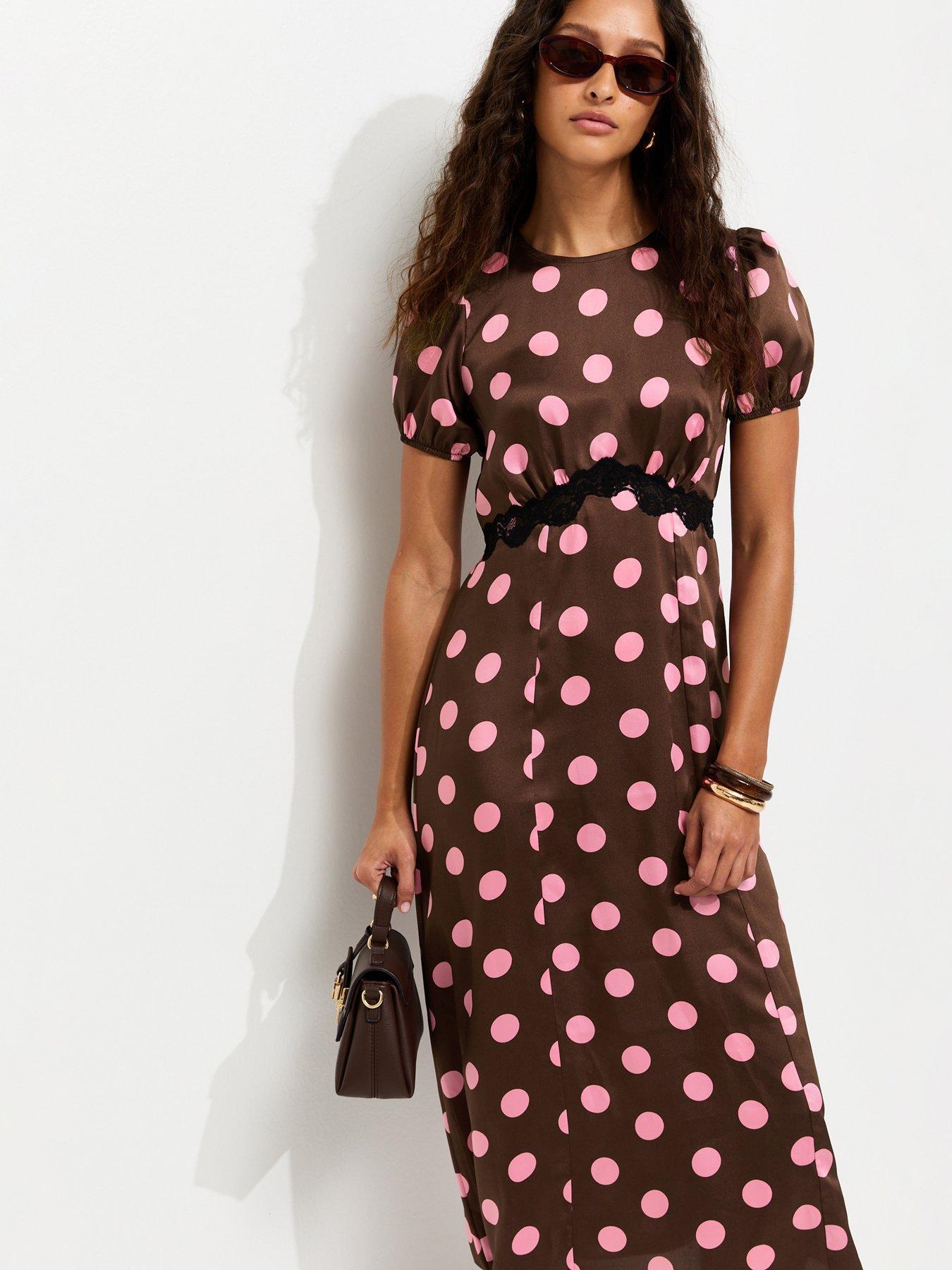 new look brown polka dot dress Satin Puff Sleeve Midi - Size:Us Size 16W Enhance your look with RD-09.16.25 Blue Mustard Yellow African