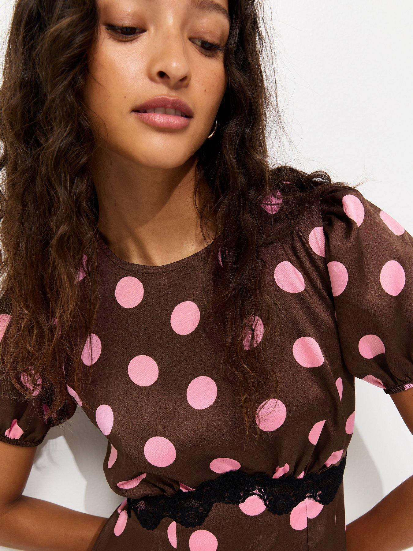 brown pink polka dot dress New Look Satin Puff Sleeve Midi - Size:UK 8 (US 4) LM584 Sleeveless bodice Contrasting 1960s schooldress Express Midnight Blue Sequin